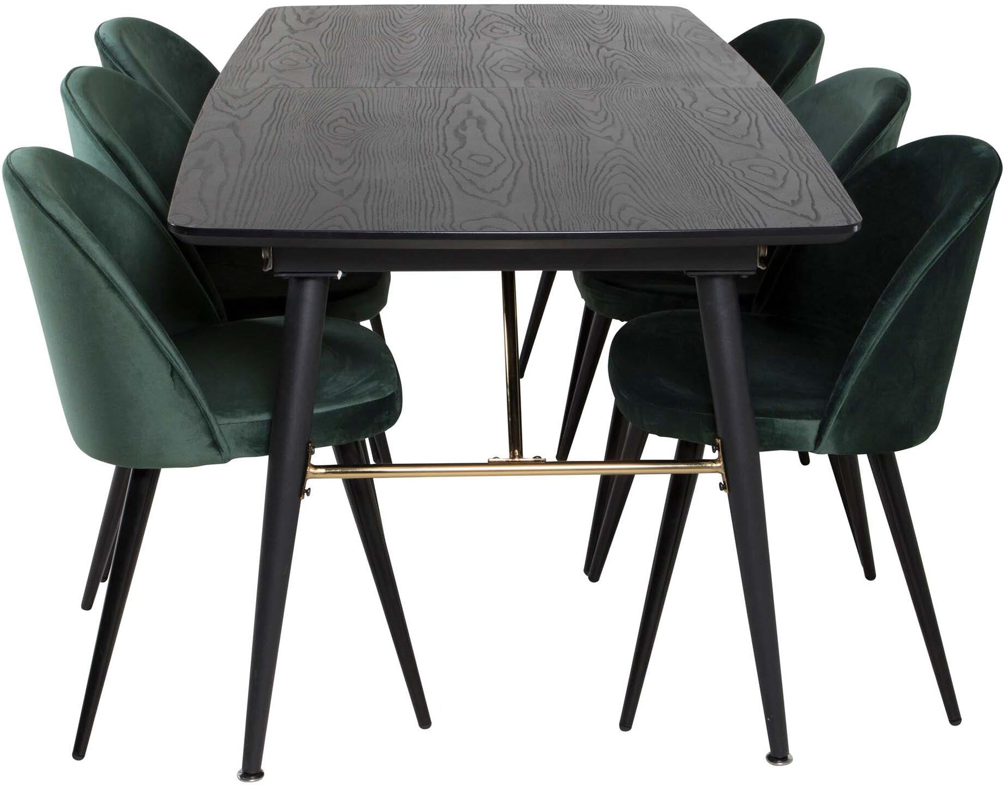 Luxuriöses Esszimmerset in Gold mit Samt, ausziehbar, 180cm, 6 Stühle.