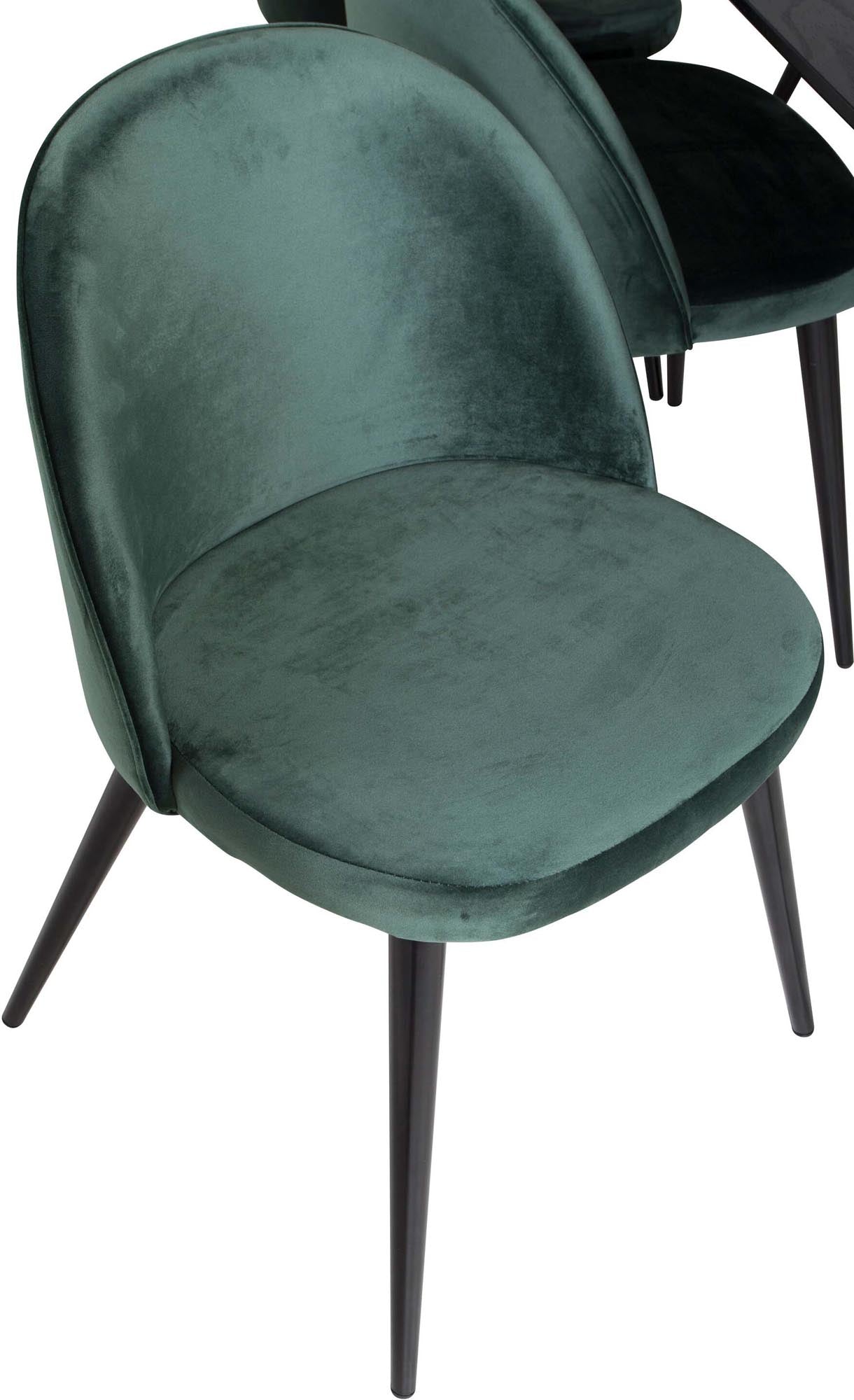 Modernes Gold Esszimmerset mit ausziehbarem Tisch (180 cm) und 6 beigen Samt-Stühlen. Ideal für gesellige Abende und festliche Anlässe.