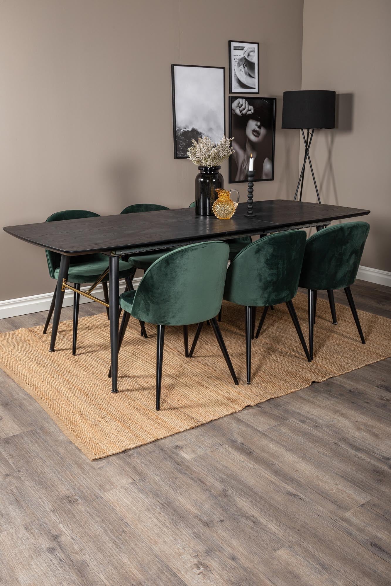 Elegantes Esszimmerset in Gold, ausziehbar, mit 6 Samtstühlen.