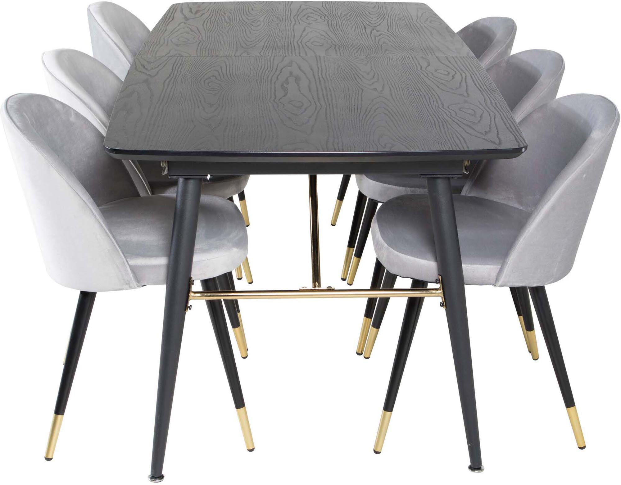 Stilvolles Gold Esszimmerset, erweiterbar, 180cm, 6 Samtstühle.