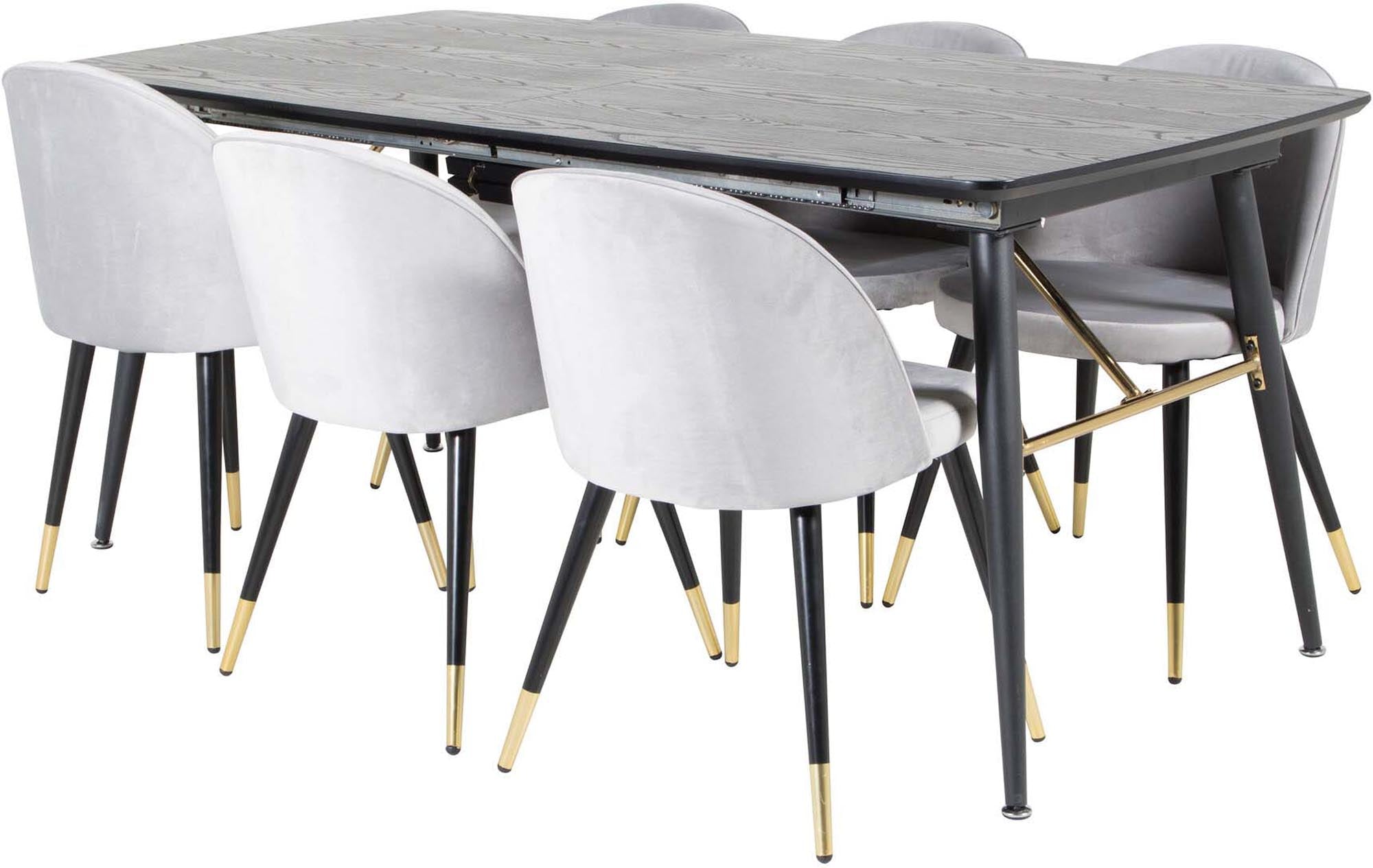 Elegantes, ausziehbares Esszimmerset in Gold mit luxuriösen Samt-Stühlen. Ideal für gesellige Abende und festliche Anlässe.