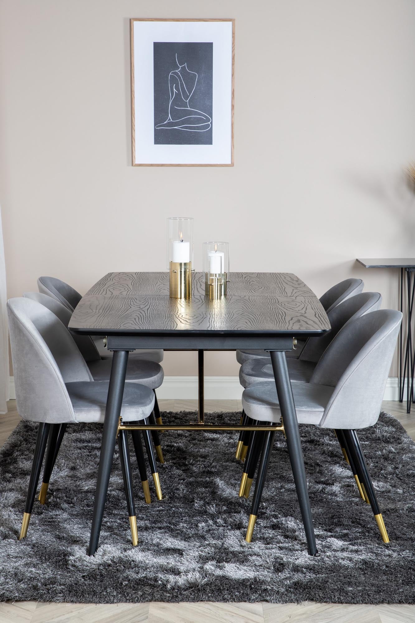 Gold Esszimmerset ausziehbar + Velvet 180cm/6St. in Schwarz, Gold, Grau präsentiert im Onlineshop von KAQTU Design AG. Esszimmerset ist von Venture Home