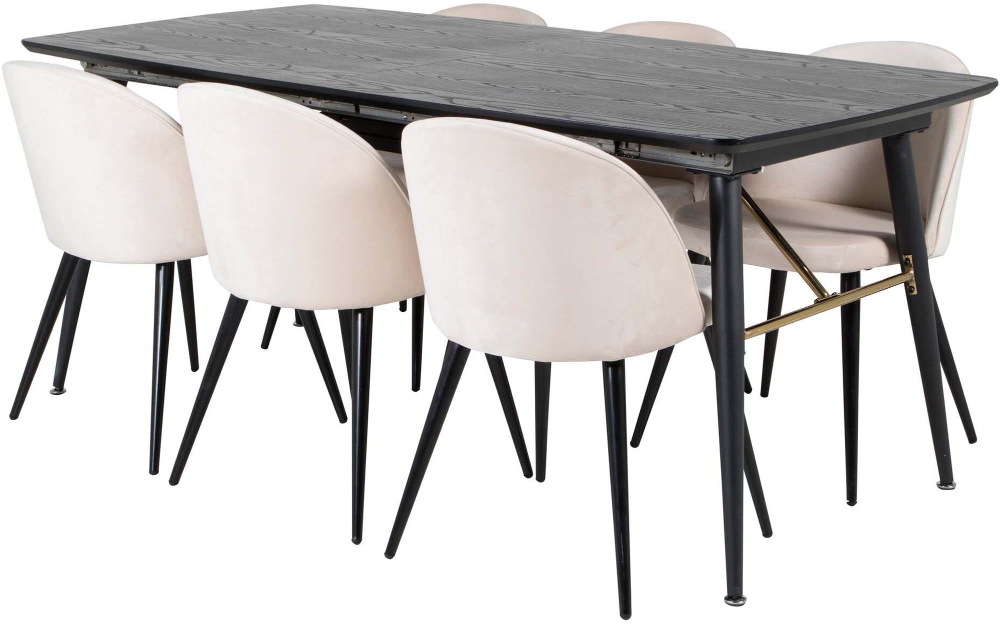 Luxuriöses Esszimmerset: Gold, samtig, ausziehbar, 180cm, 6 Stühle.