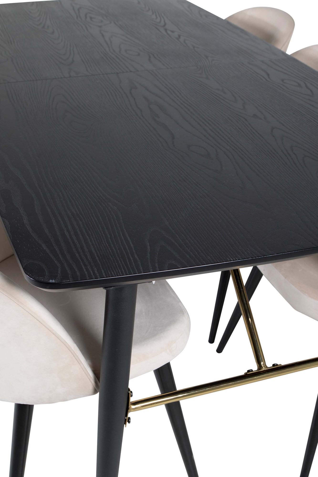 Elegantes Esszimmerset in Gold mit samtigen Stühlen, erweiterbar.