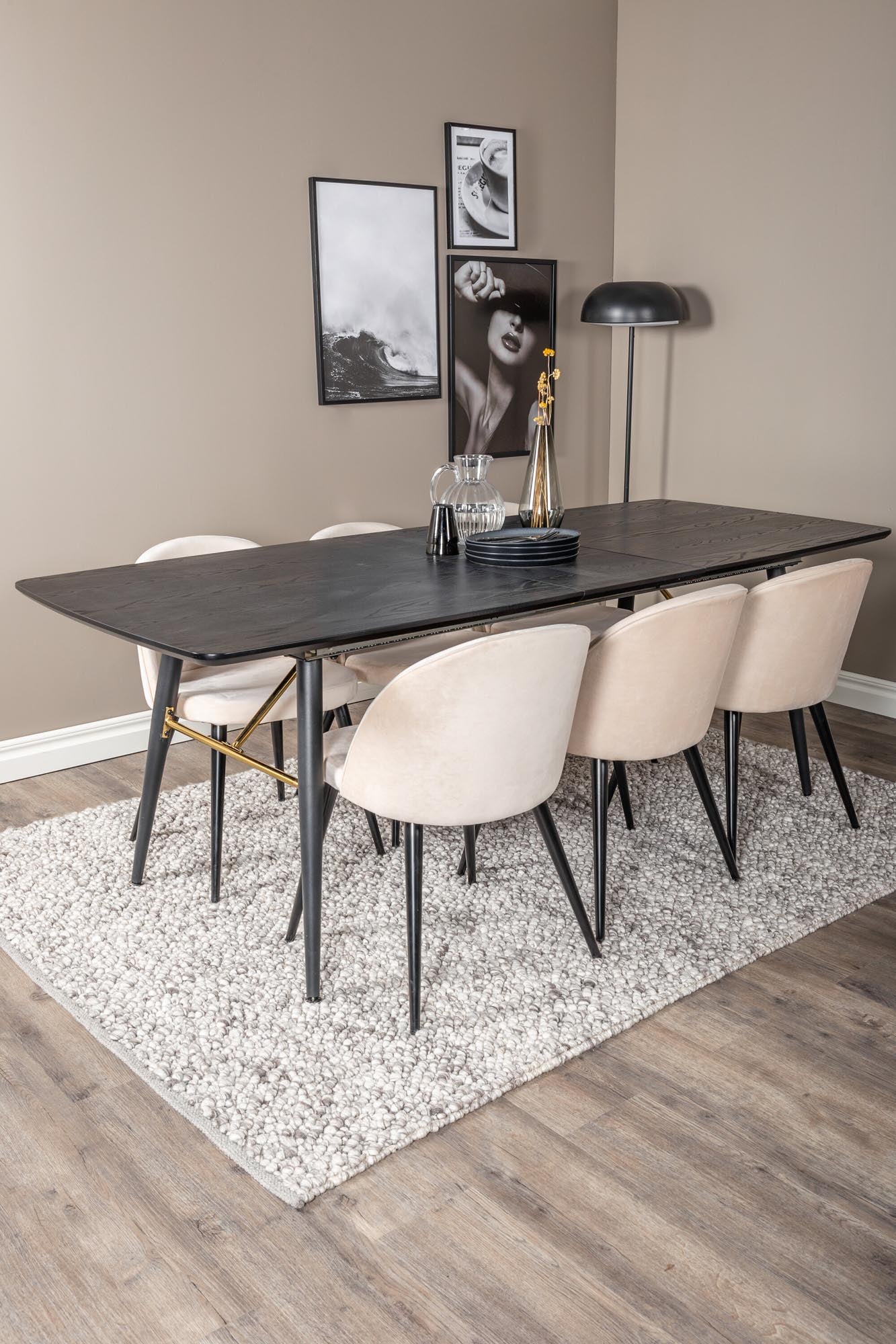 Elegantes Gold Esszimmerset 180cm, samtig, erweiterbar, 6 Stühle.