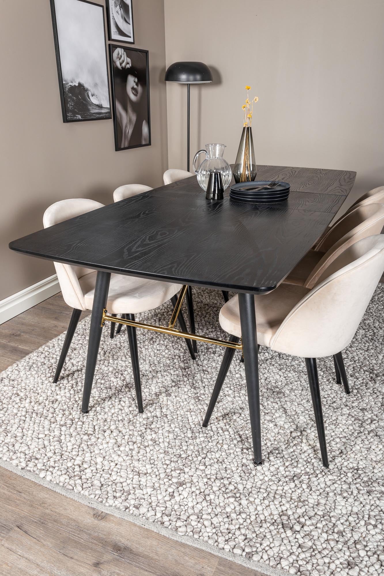 Elegantes Gold Esszimmerset mit ausziehbarem Tisch (180 cm) und luxuriösen Samt-Stühlen für höchsten Komfort und stilvolles Wohnen.