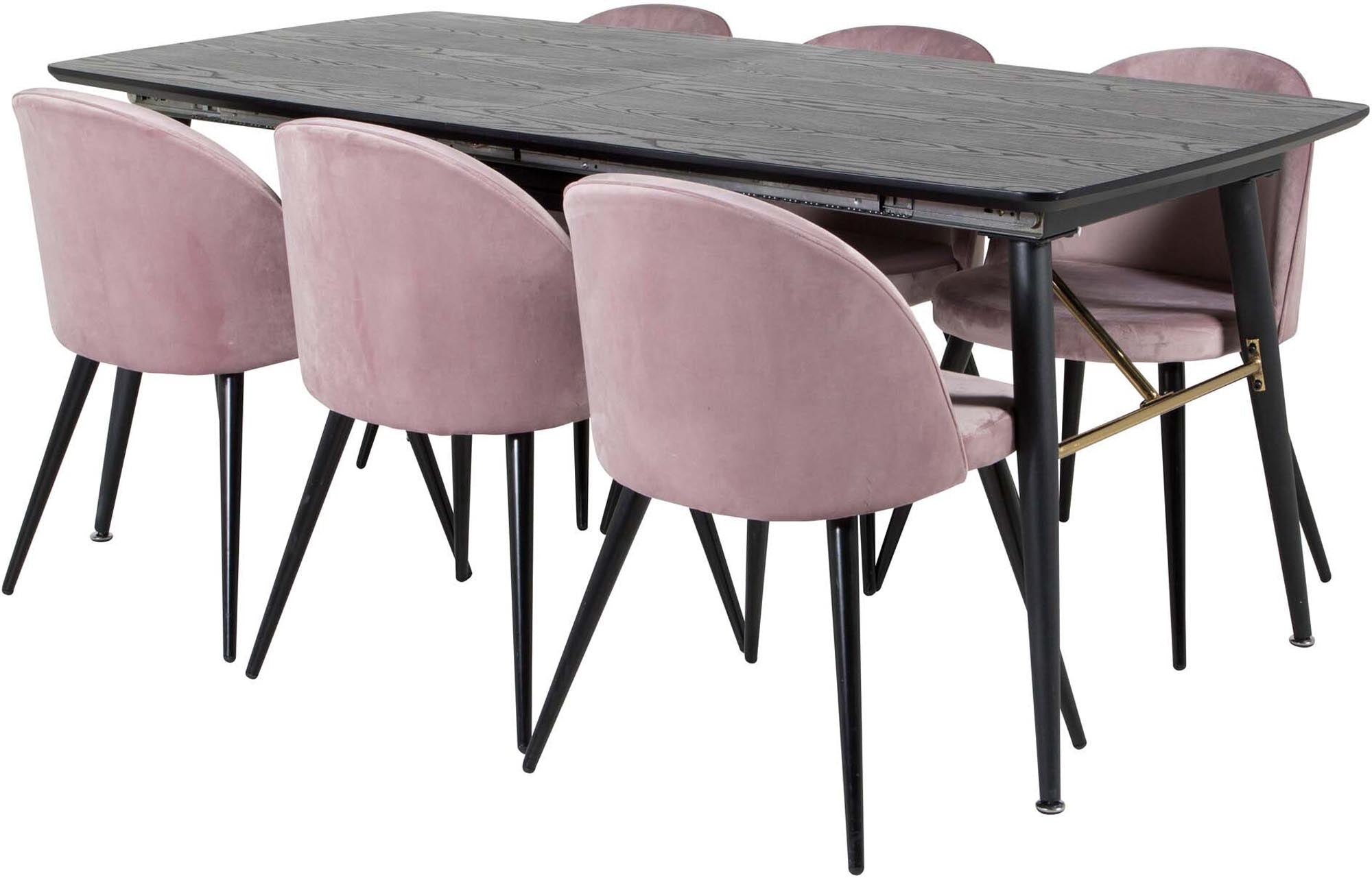 Elegantes, ausziehbares Esszimmerset in Gold mit 180 cm Tisch und 6 stilvollen Samtstühlen für höchsten Komfort und zeitloses Design.