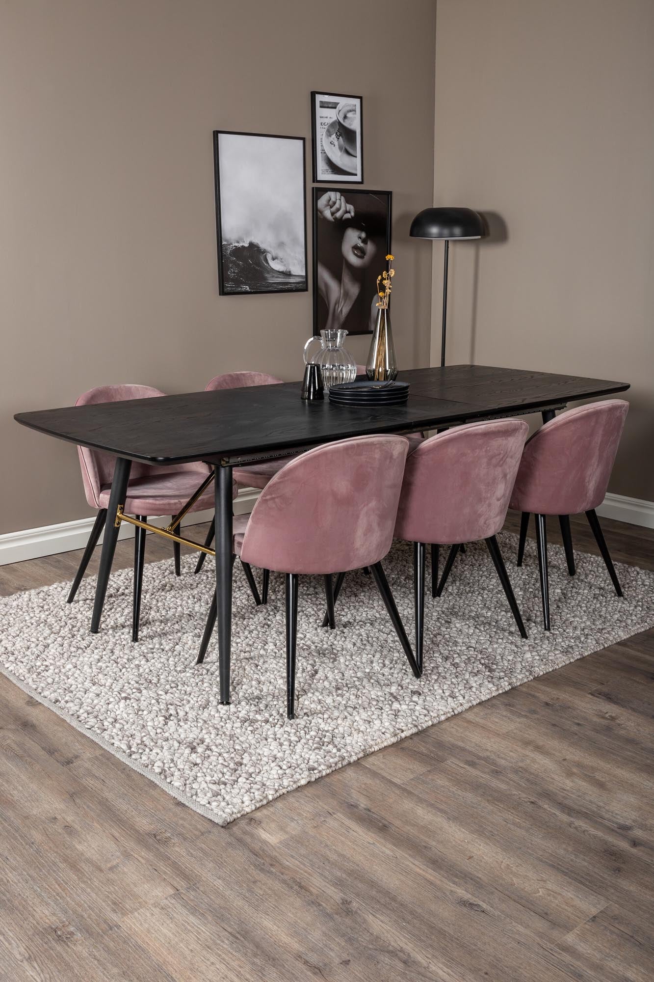 Elegantes Gold Esszimmerset mit ausziehbarem Tisch (180 cm) und 6 luxuriösen Samt-Stühlen für höchsten Komfort und stilvolles Ambiente.