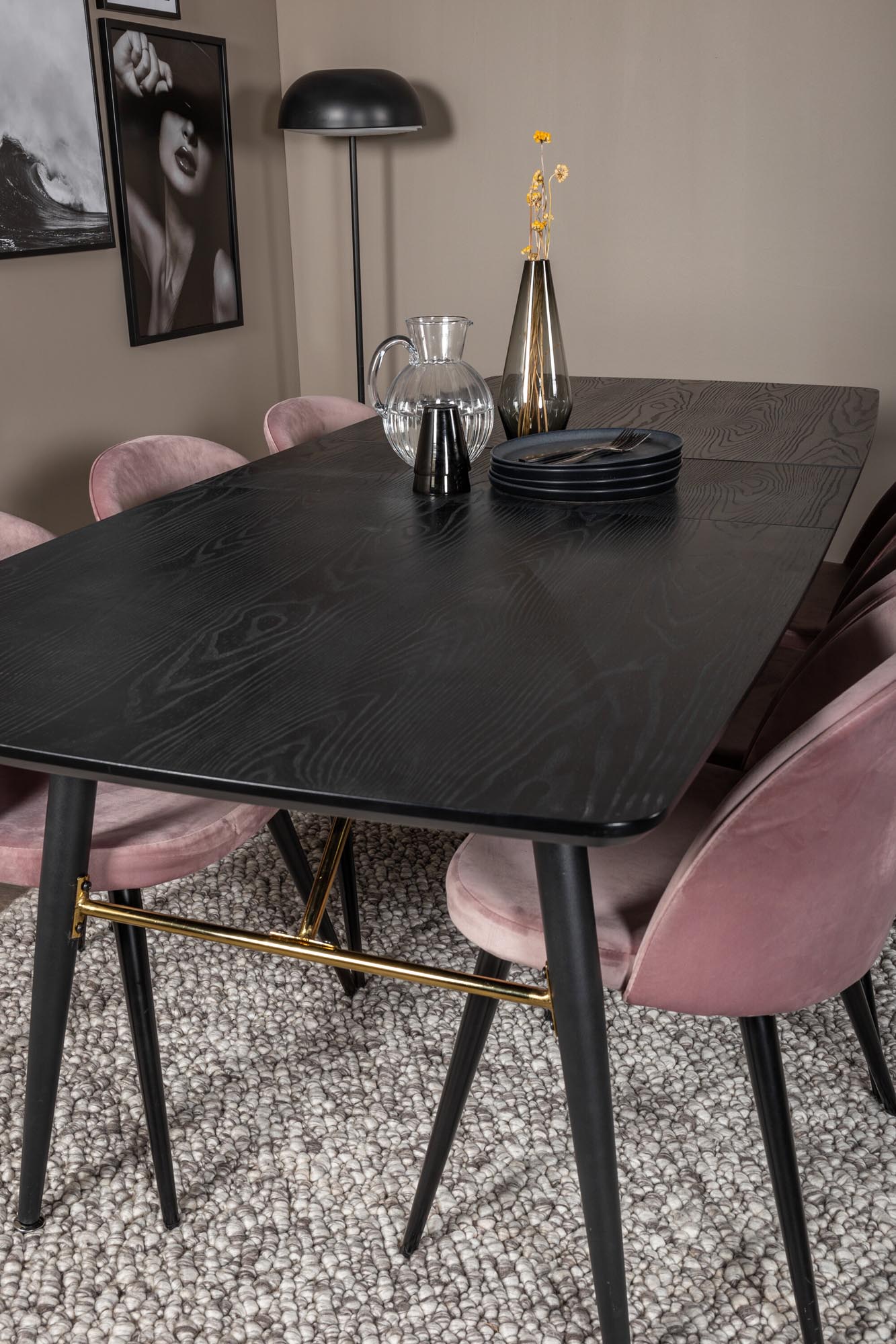 Luxuriöses Esszimmerset in Gold, ausziehbar, 180cm, 6 Samtstühle.