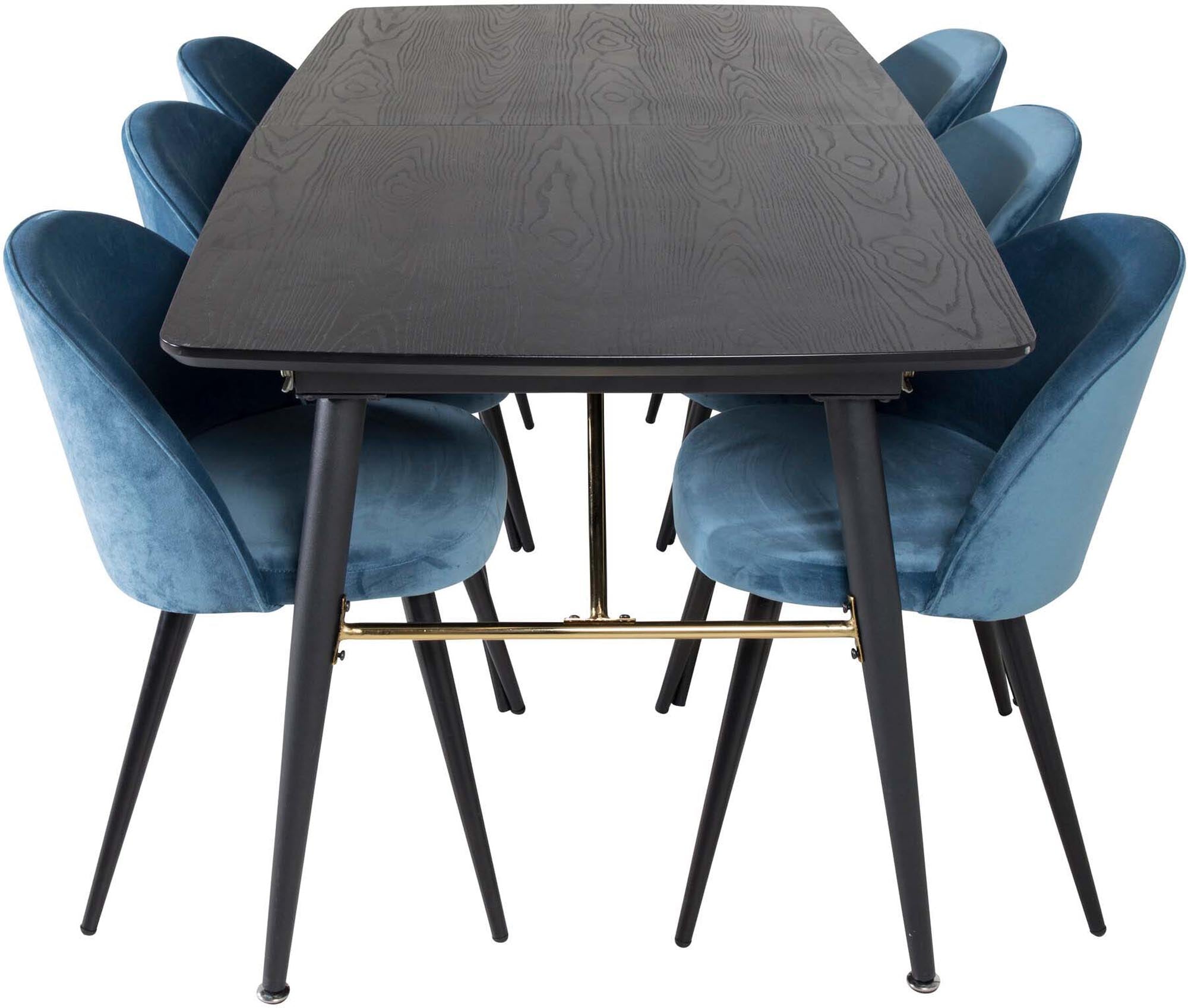 Luxuriöses Gold Esszimmerset, samtig, erweiterbar, 6 Stühle, 180cm.