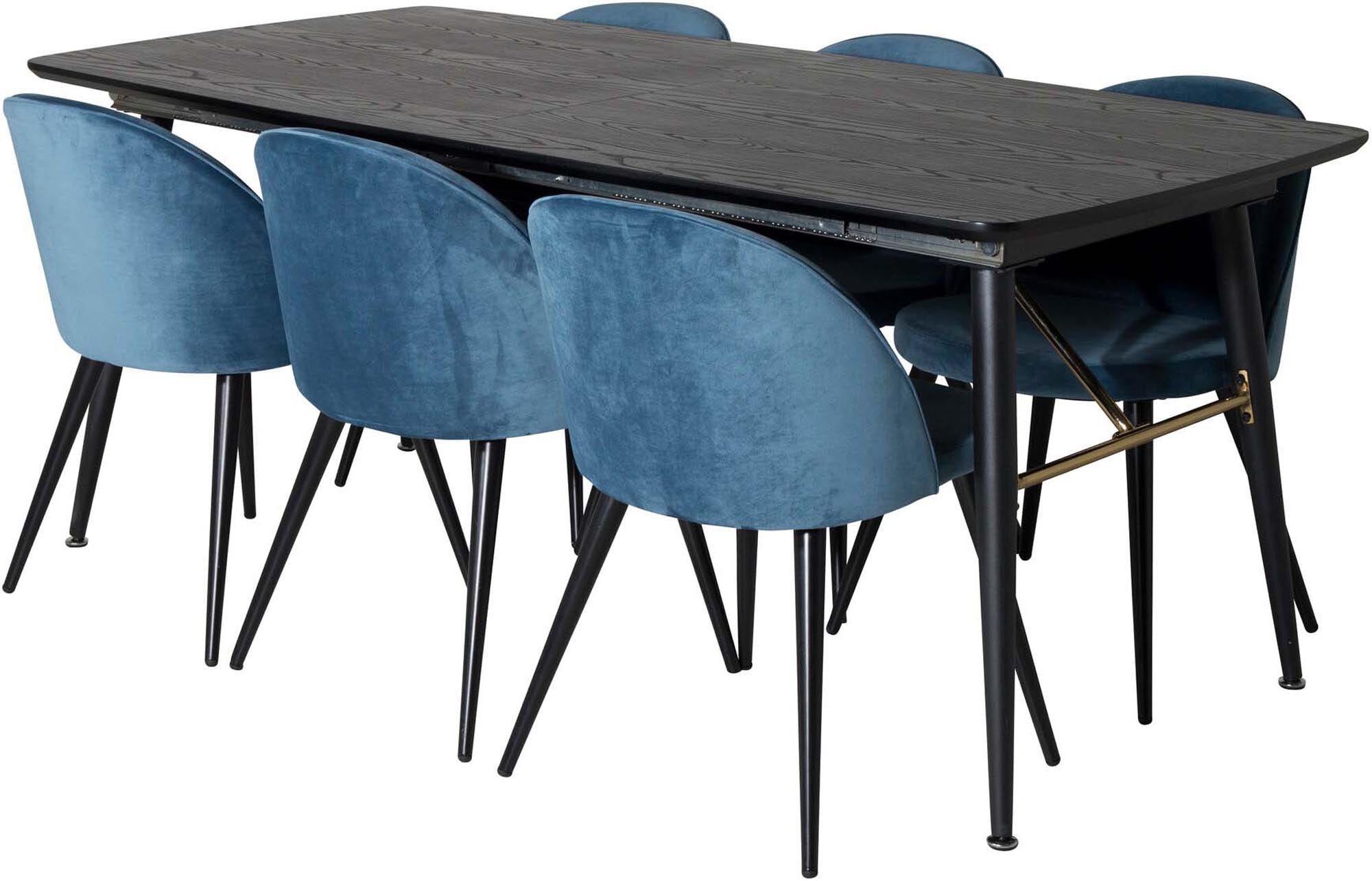 Gold Esszimmerset ausziehbar + Velvet 180cm/6St. in Schwarz Blau präsentiert im Onlineshop von KAQTU Design AG. Esszimmerset ist von Venture Home