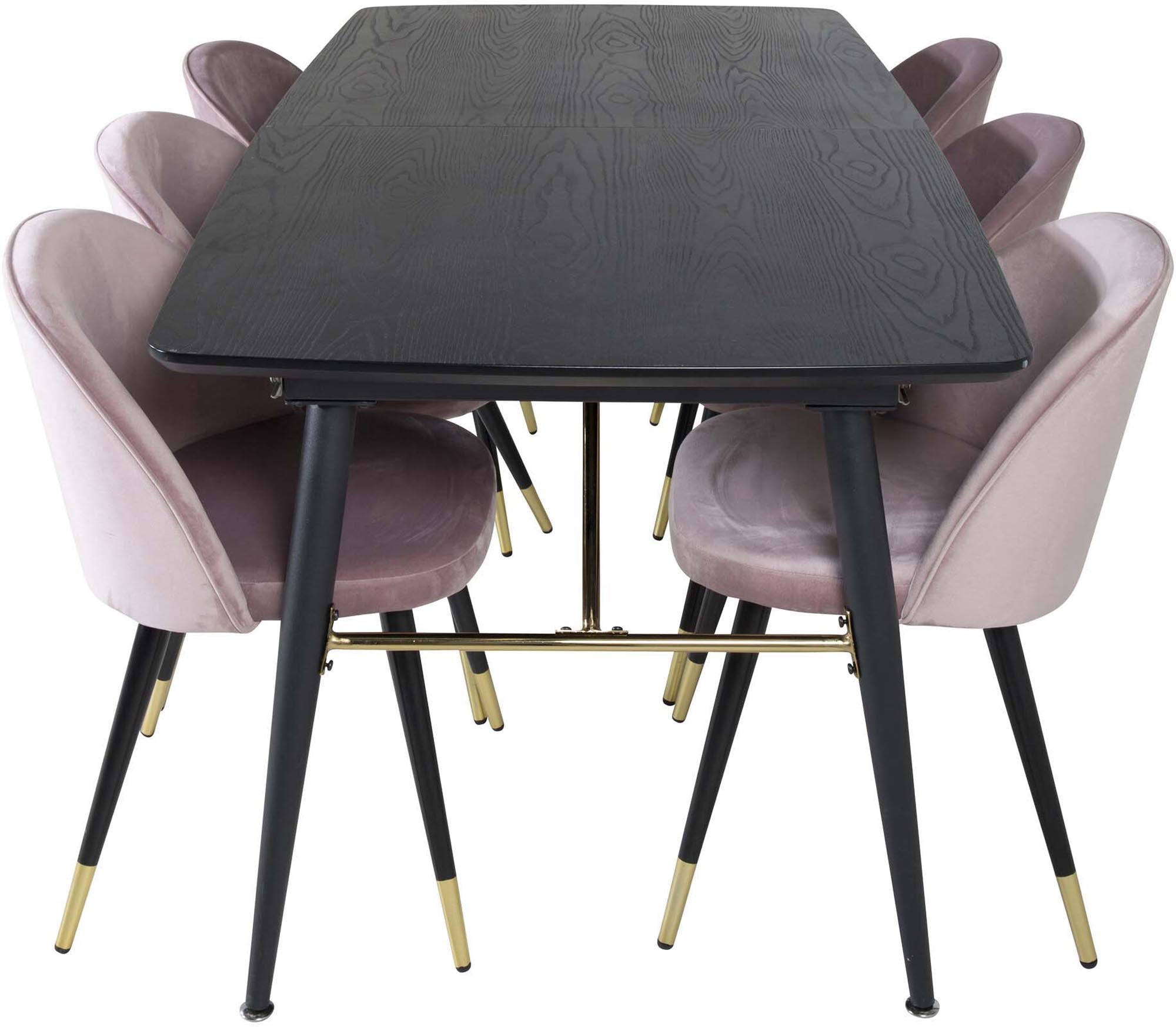 Stilvolles Gold Esszimmerset, ausziehbar, 6 Velvet Stühle, 180cm.