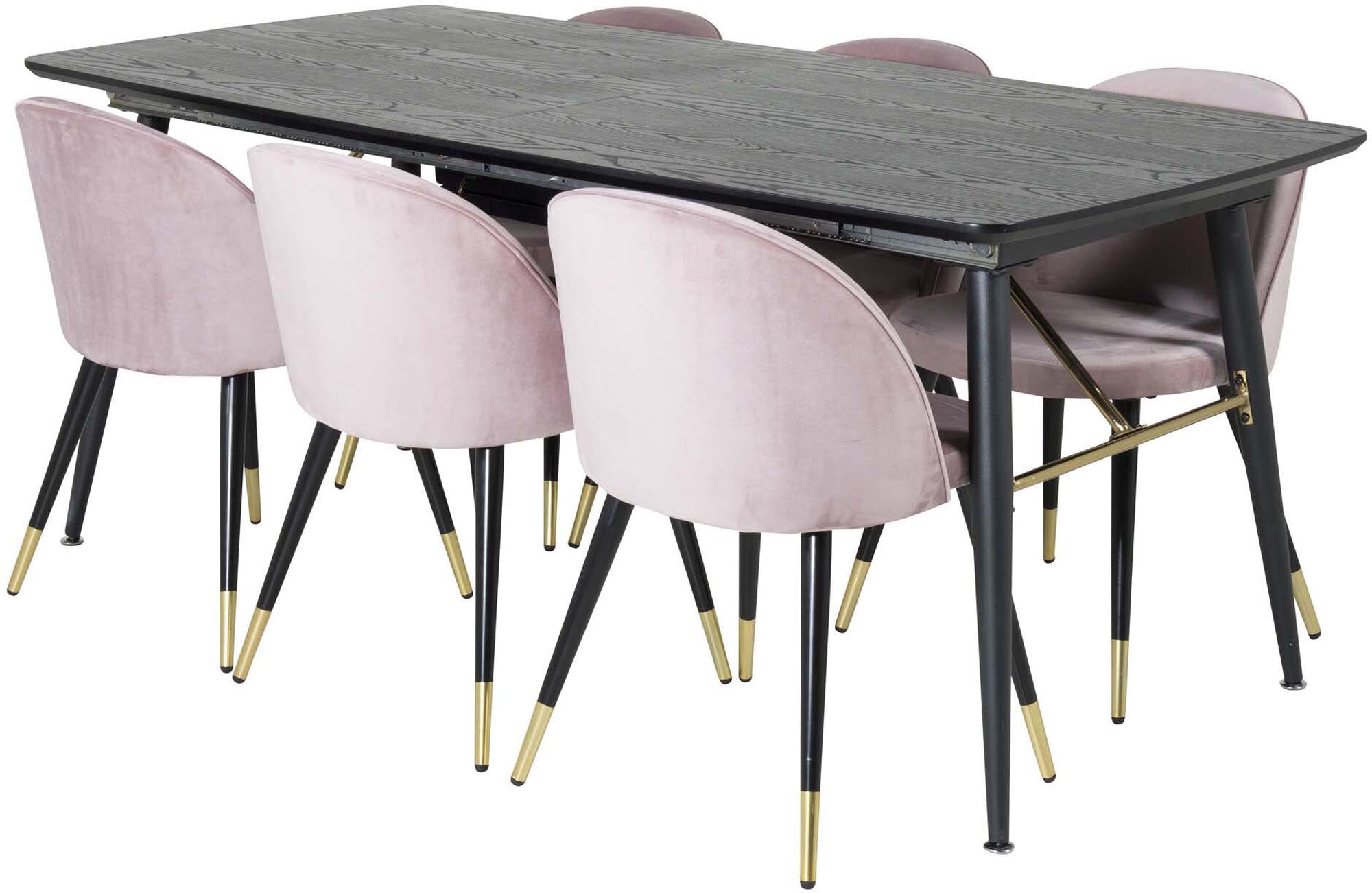 Stilvolles Gold Esszimmerset, erweiterbar, 180cm, 6 Samtstühle.