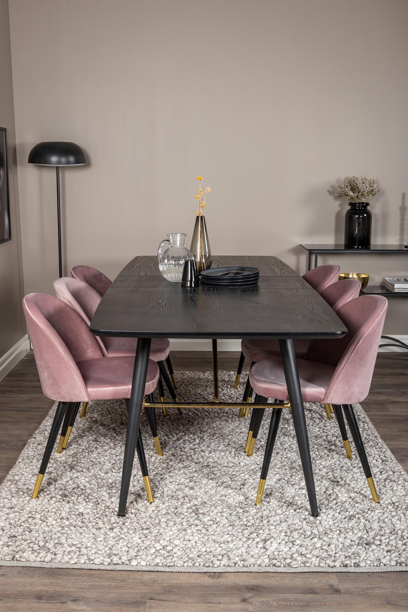 Gold Esszimmerset ausziehbar + Velvet 180cm/6St. in Schwarz, Altrosa, Gold präsentiert im Onlineshop von KAQTU Design AG. Esszimmerset ist von Venture Home