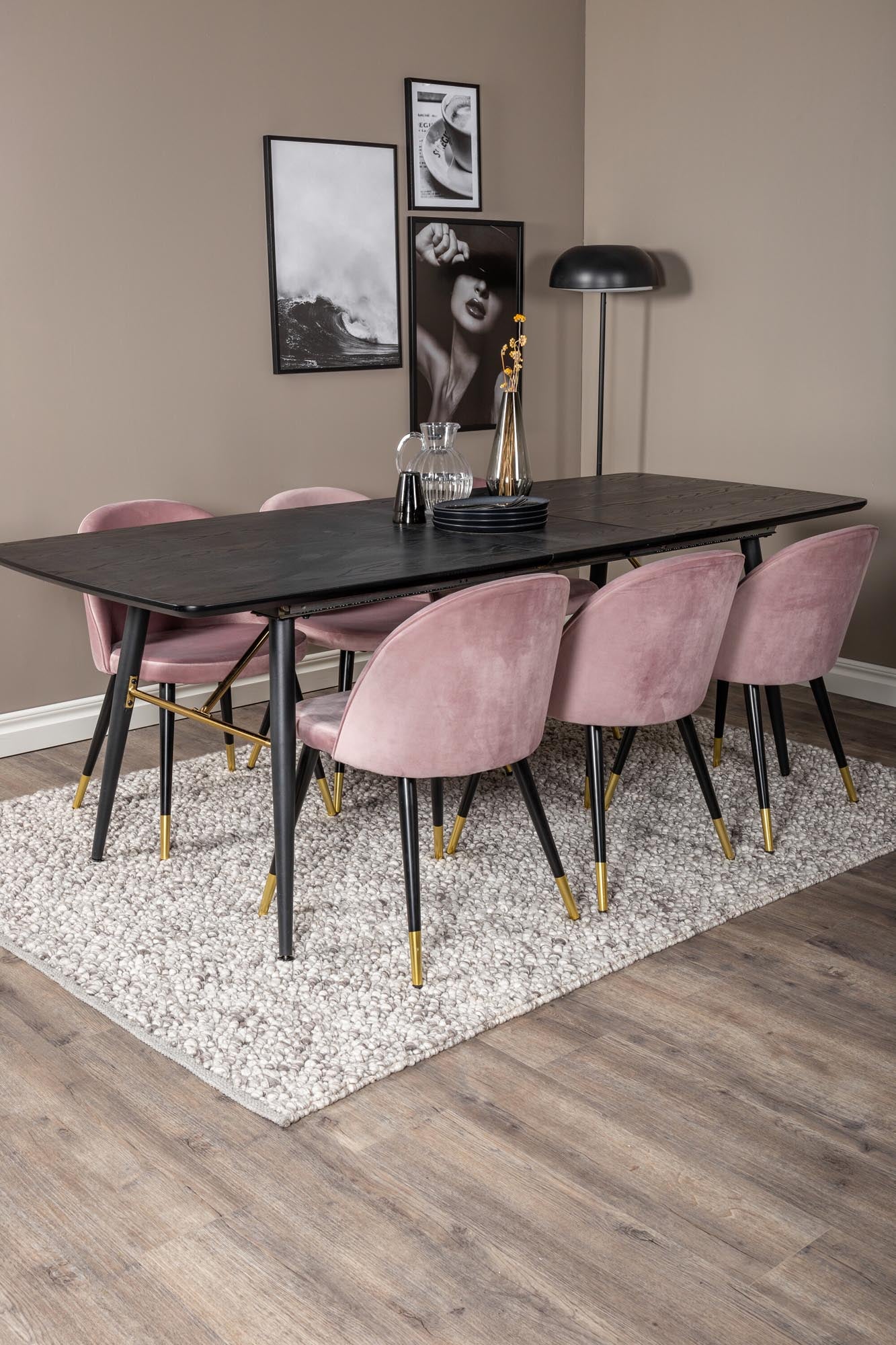 Gold Esszimmerset ausziehbar + Velvet 180cm/6St. in Schwarz, Altrosa, Gold präsentiert im Onlineshop von KAQTU Design AG. Esszimmerset ist von Venture Home
