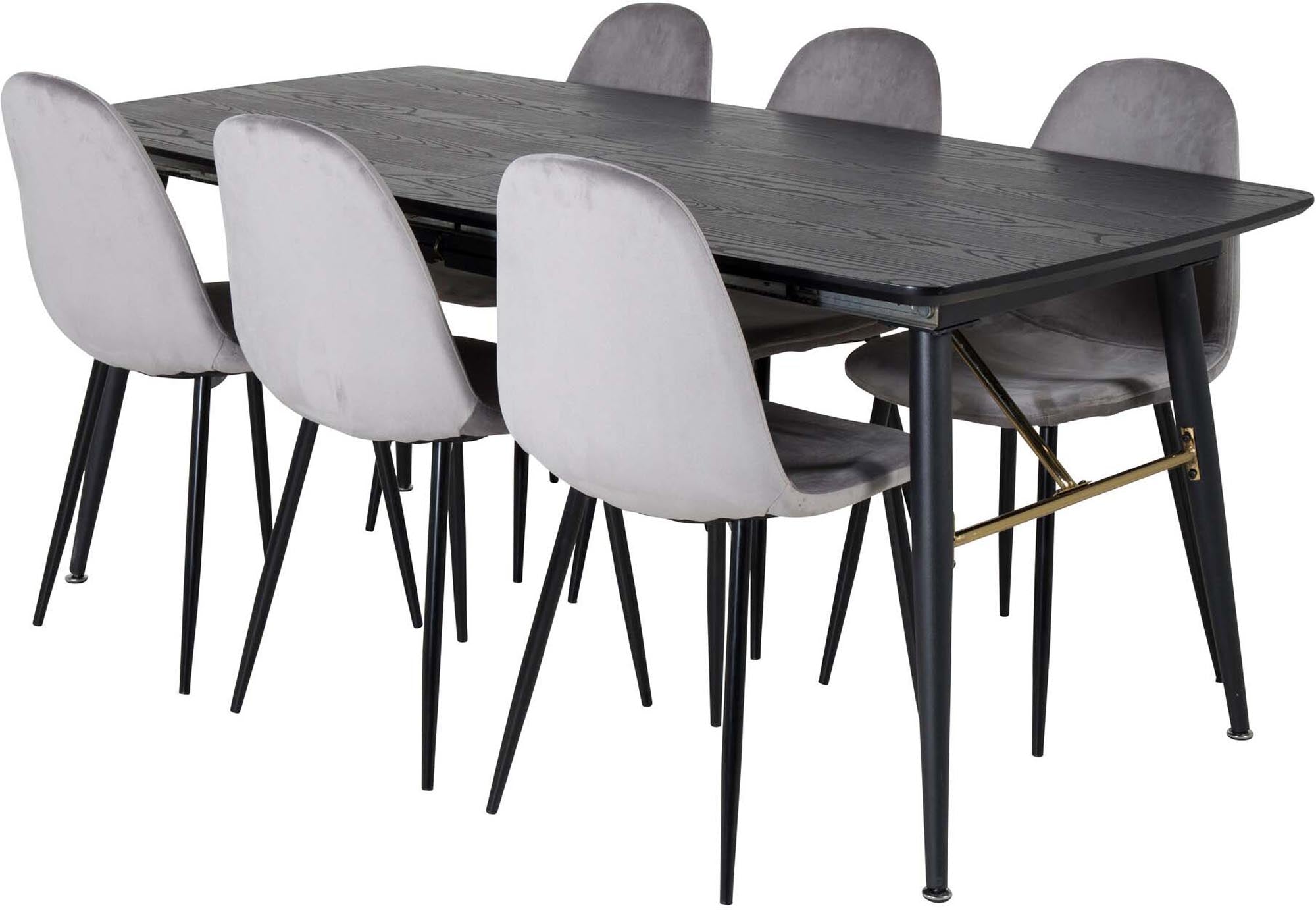 Elegantes, ausziehbares Esszimmerset mit luxuriösen Samtstühlen. Ideal für gesellige Abende und stilvolle Familienessen.