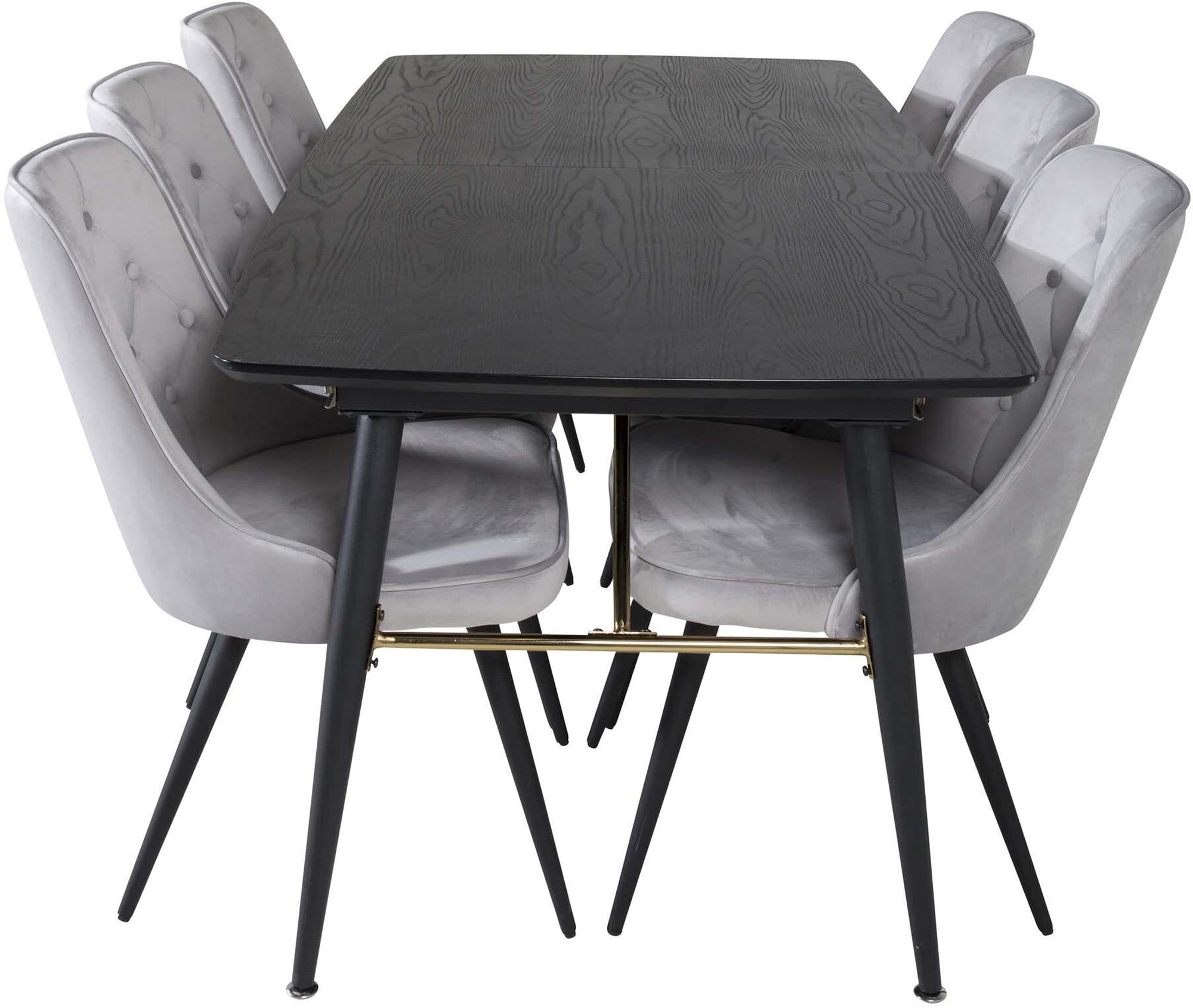 Stilvolles Esszimmerset mit ausziehbarem Tisch und Samtstühlen.