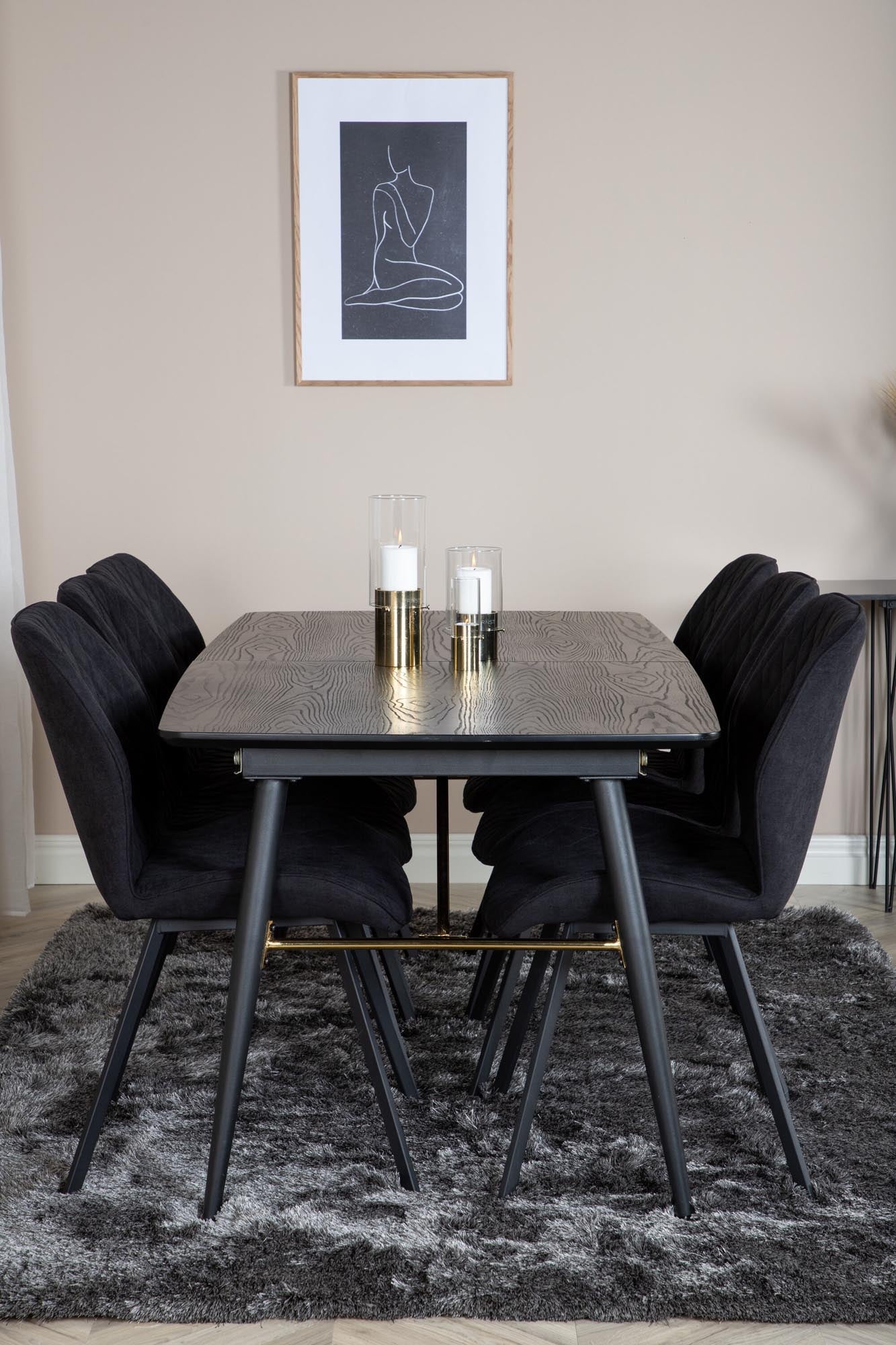 Stilvolles Gold Esszimmerset 180cm, erweiterbar, 6 Stühle, Venture Home.