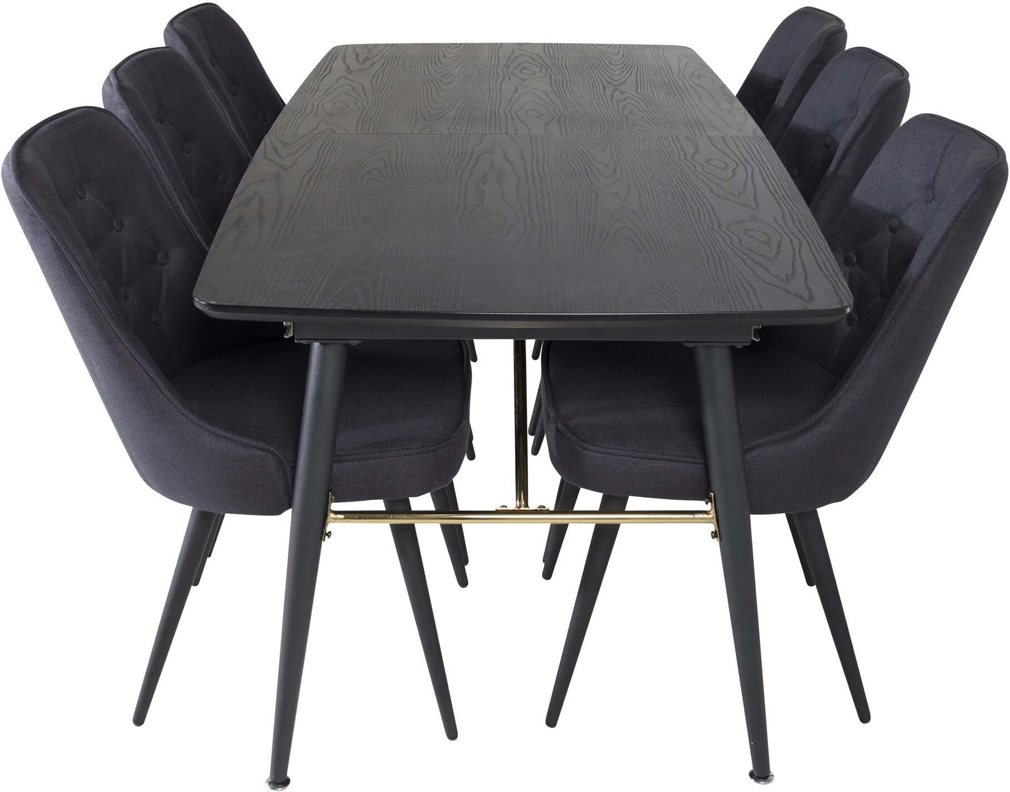 Elegantes Gold Esszimmerset mit ausziehbarem Tisch und Samtstühlen.