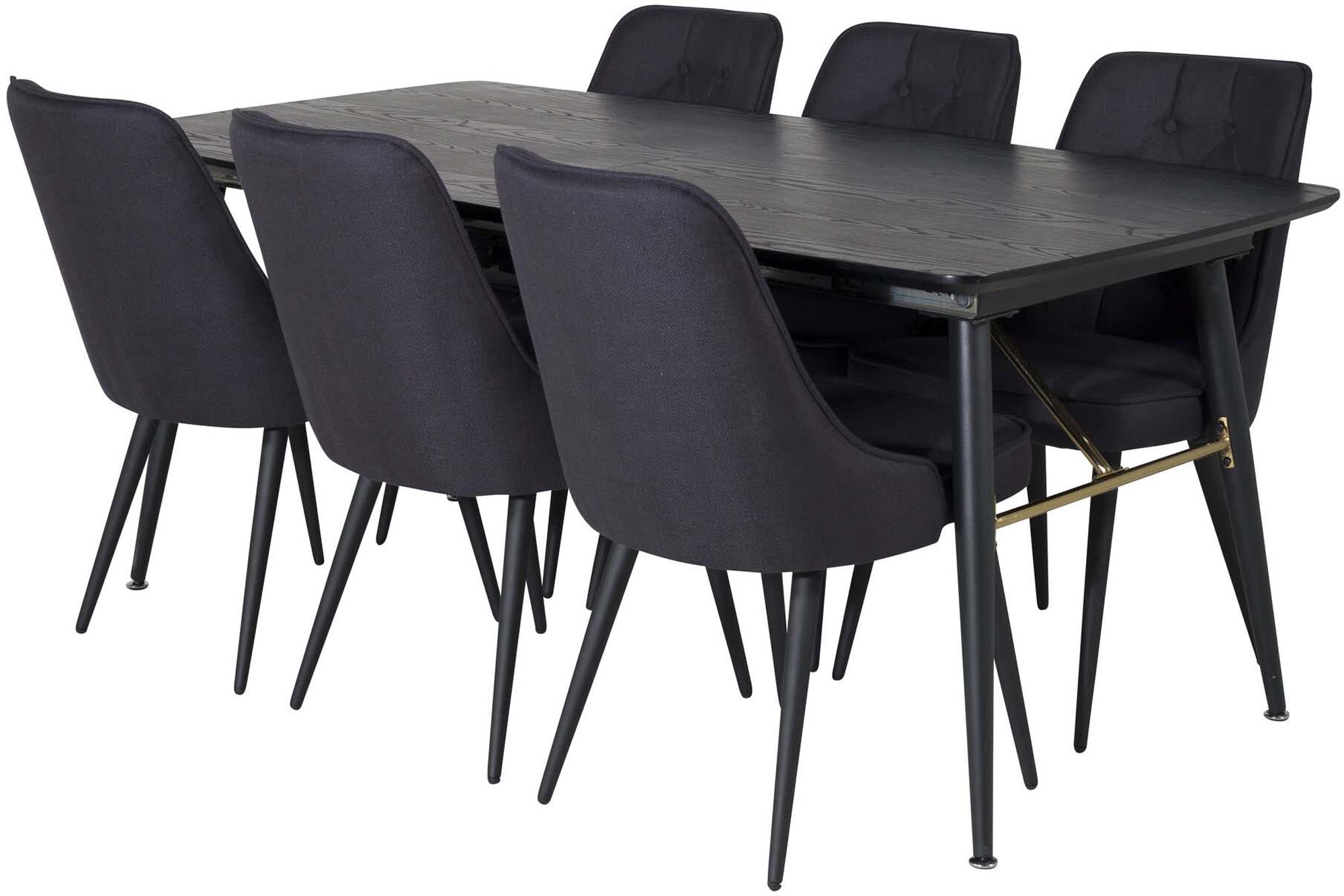 Elegantes Esszimmerset mit goldfarbenem, ausziehbarem Tisch und stilvollen Velvet-Stühlen für unvergessliche Dinner und gemütliche Abende.