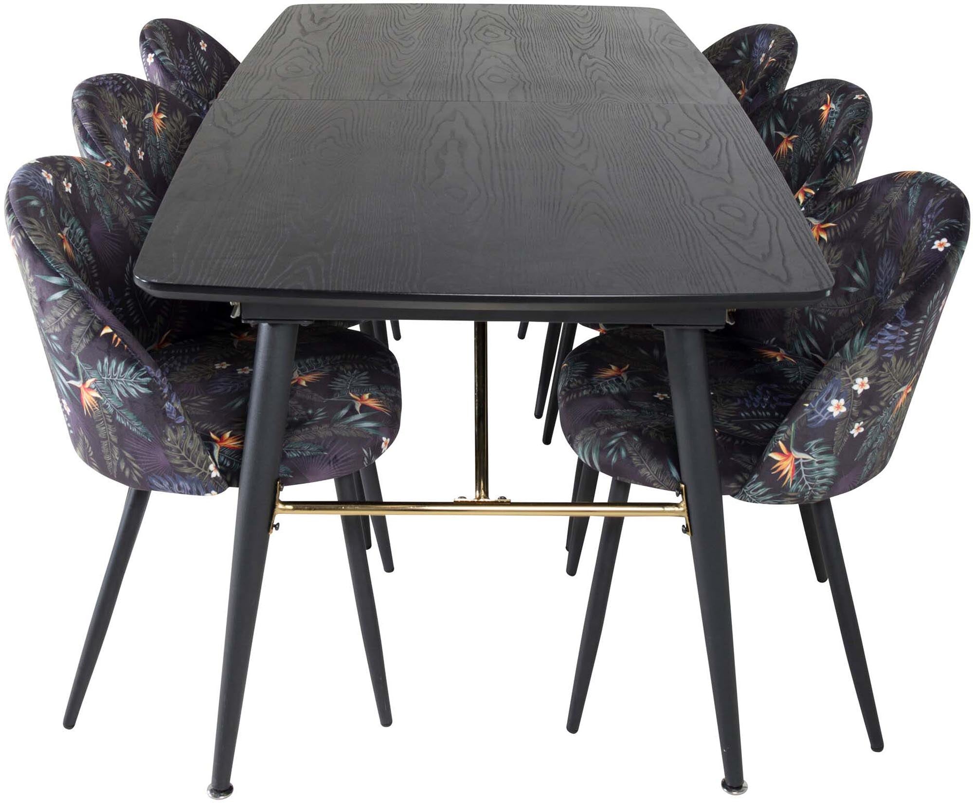 Elegantes Esszimmerset in Gold, ausziehbar, 6 Samtstühle, 180cm.