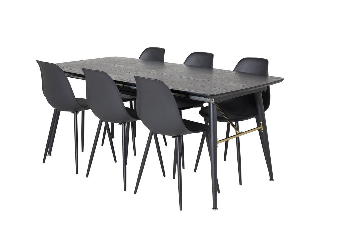 Rechteckiger Esstisch mit schwarzer MDF-Tischplatte und Stahlgestell, dazu zwei schwarze Esszimmerstühle mit gepolsterter Sitzfläche.