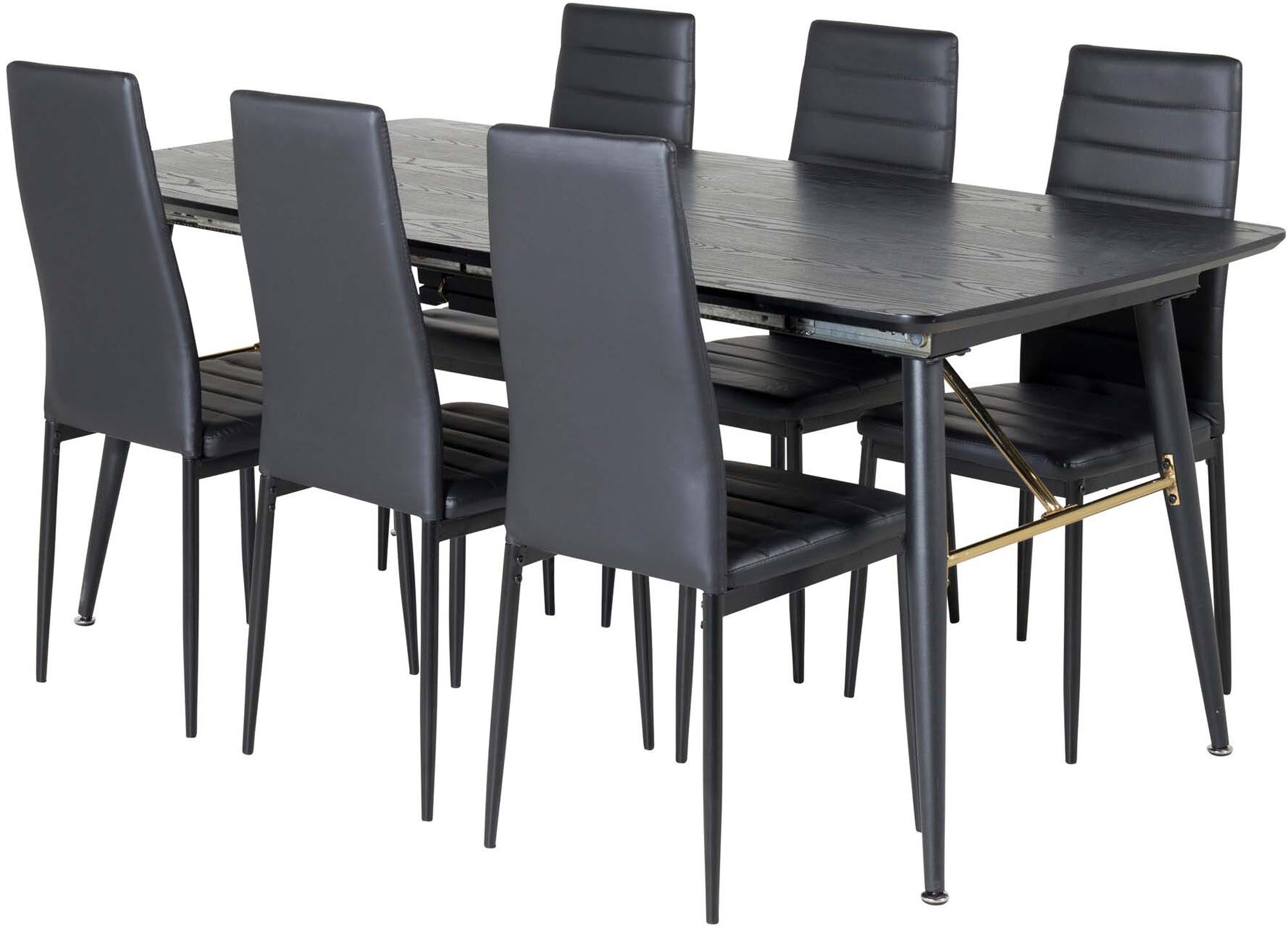 Elegantes Gold Esszimmerset von Venture Home: Ausziehbarer Tisch (180 cm) und 6 bequeme Slim-Stühle für stilvolle Esszimmer.