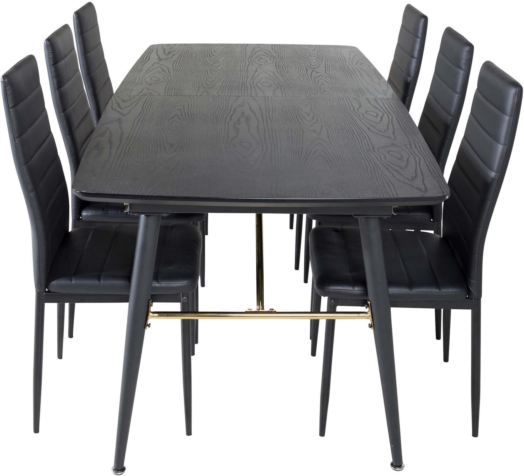 Elegantes, ausziehbares Gold Esszimmerset von Venture Home: 180cm Tisch + 6 Slim-Stühle, stilvoll und funktional.