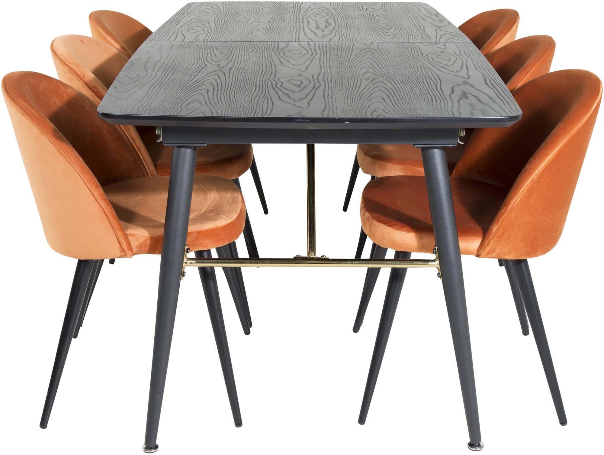 Gold Esszimmerset ausziehbar + Velvet 180cm/6St. in Schwarz, Rostorange präsentiert im Onlineshop von KAQTU Design AG. Esszimmerset ist von Venture Home