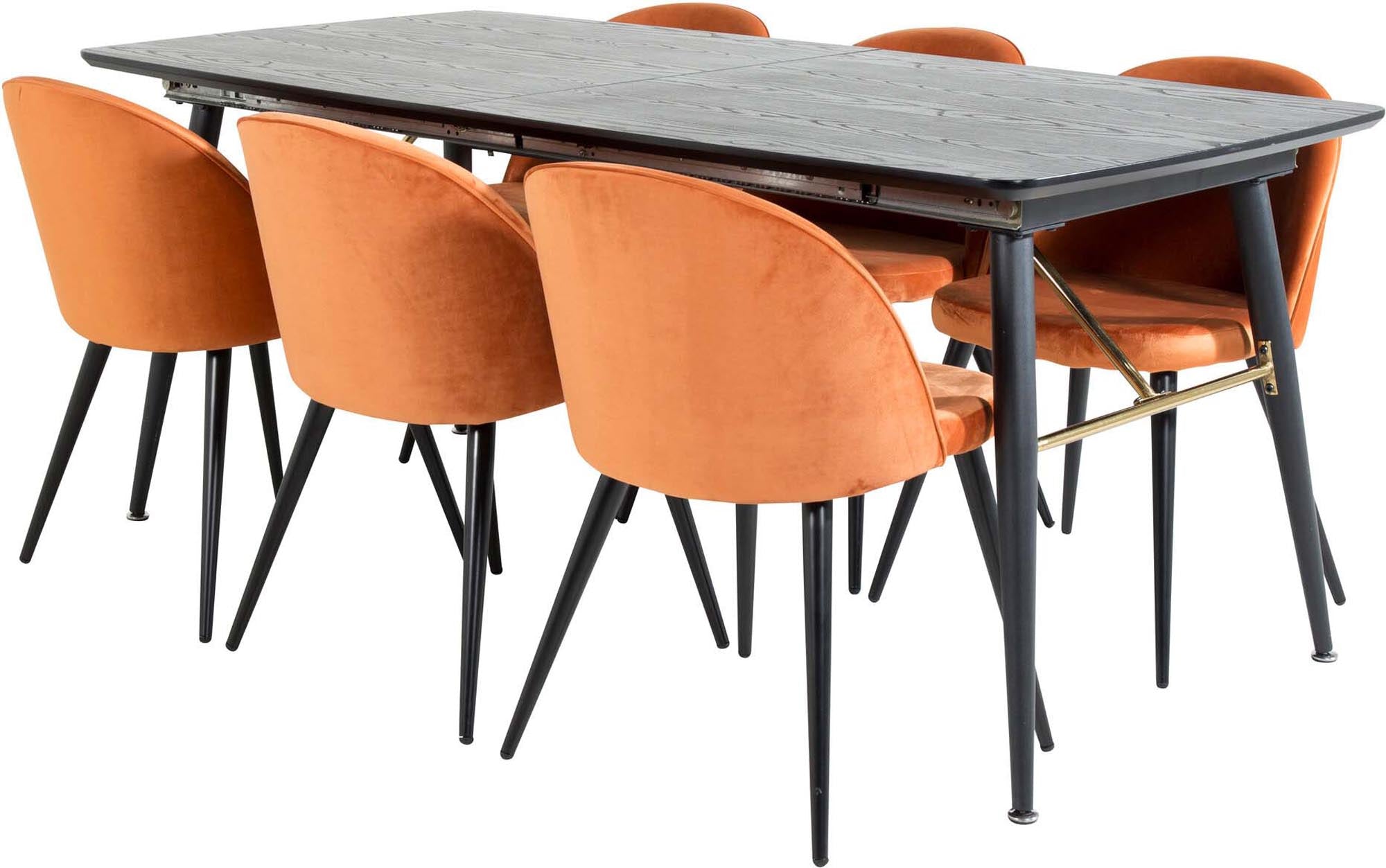 Elegantes, ausziehbares Esszimmerset in Gold mit 180 cm Tisch und 6 luxuriösen Samtstühlen für stilvolle Dinner und gesellige Runden.