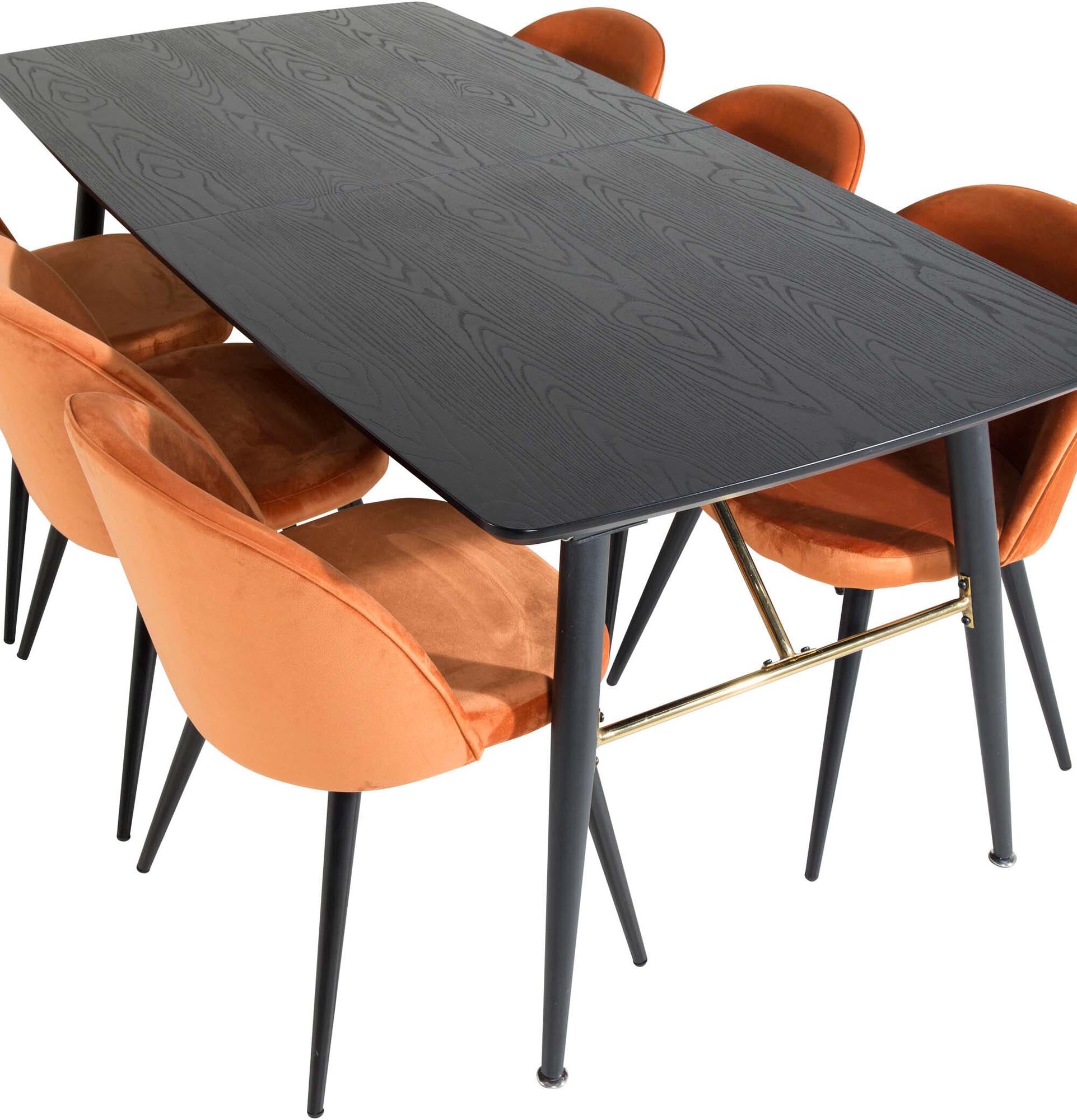 Elegantes, ausziehbares Esszimmerset in Gold mit 180 cm Tisch und 6 stilvollen Samtstühlen für höchsten Komfort und zeitloses Design.
