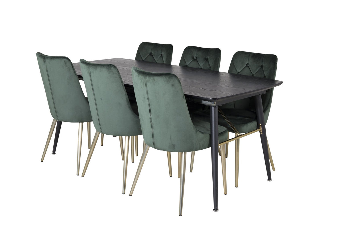 Rechteckiger Esstisch mit schwarzer MDF-Tischplatte und Stahlbeinen, dazu zwei grüne Velvet-Esszimmerstühle mit Messing-Pulverbeschichtung.