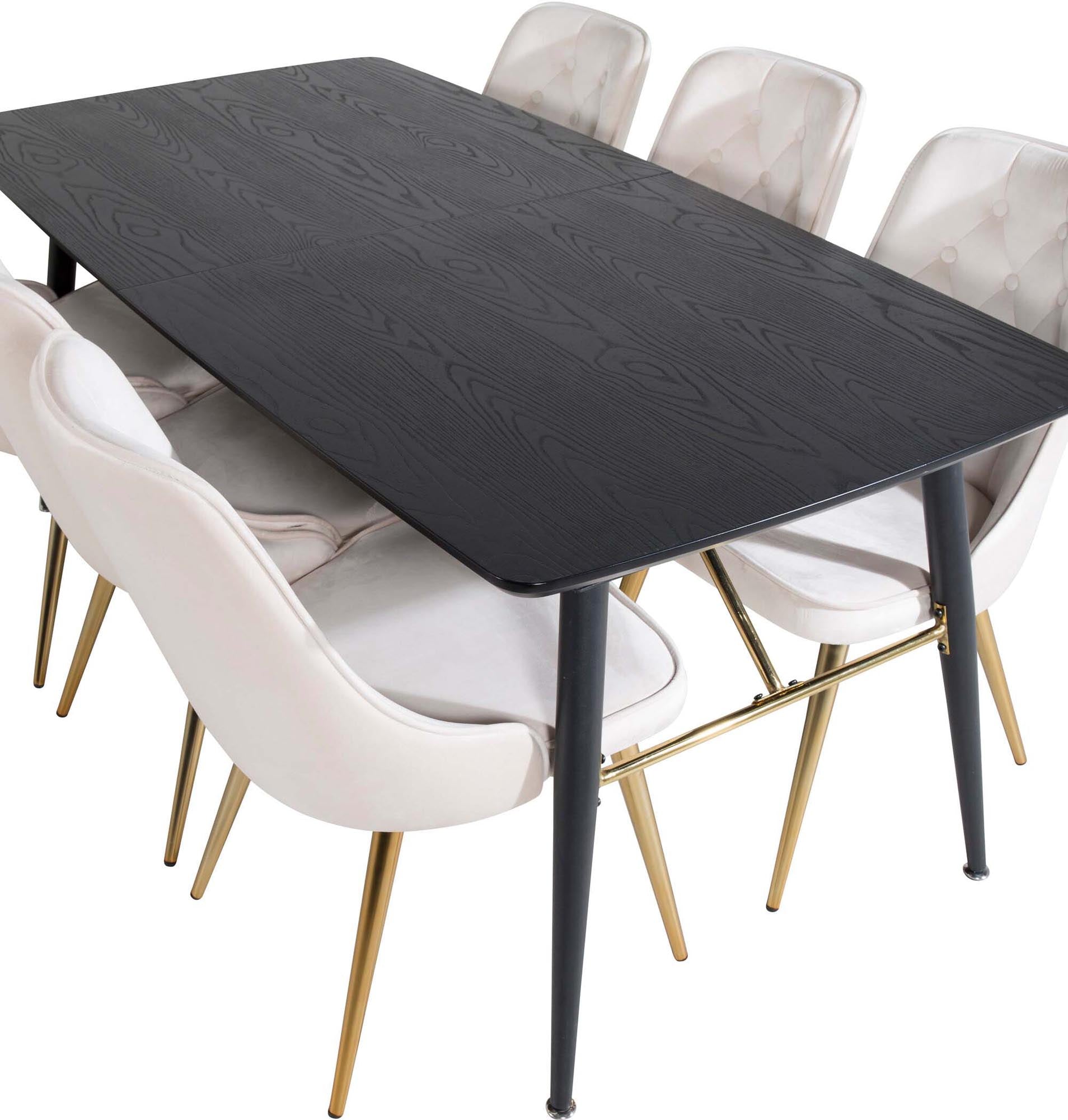 Stilvolles Esszimmerset mit goldfarbenem, erweiterbarem Tisch und luxuriösen Velvet-Stühlen für einladende Dinner und besondere Anlässe.