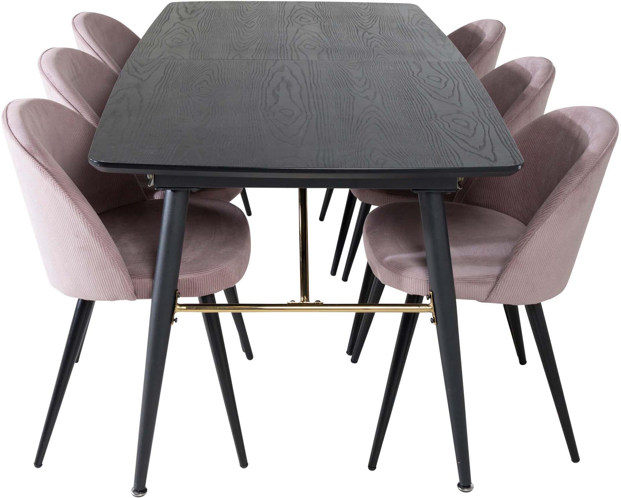 Elegantes Esszimmerset in Gold, ausziehbar, mit 6 Velvet-Stühlen.