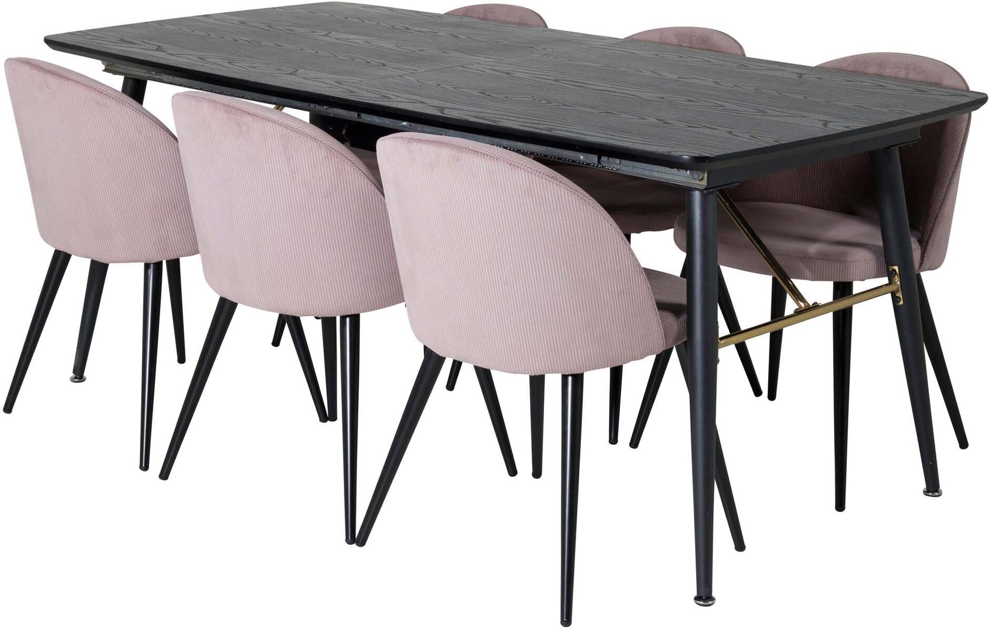 Luxuriöses Gold-Set, ausziehbar, mit 6 samtigen Stühlen, 180cm.