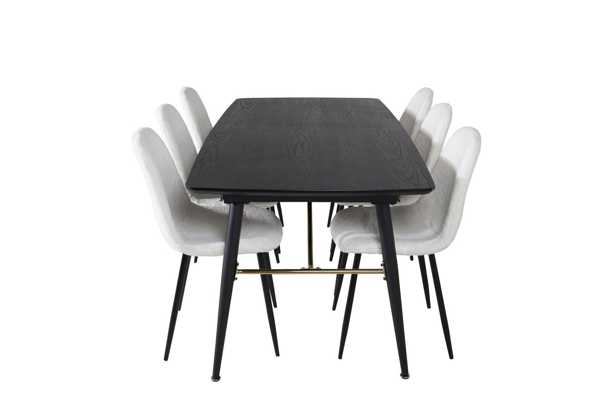 Esszimmerset mit ausziehbarem Esstisch aus MDF mit schwarzer Platte und Stahlbeinen, dazu zwei weisse Stühle aus MDF und Stahl.