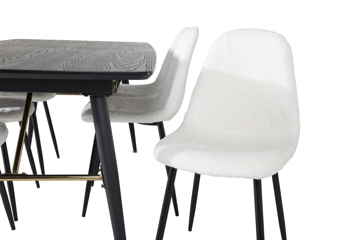 Esszimmerset mit ausziehbarem Esstisch aus MDF mit schwarzer Platte und Stahlbeinen, dazu zwei weisse Stühle aus MDF und Stahl.