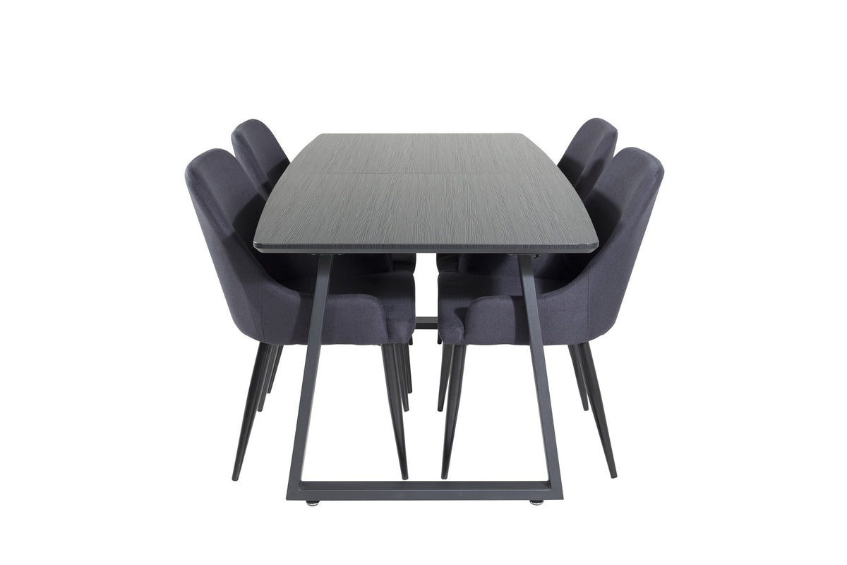 Schwarzes Esszimmerset aus MDF und Stahl: rechteckiger Esstisch 160x85 cm und zwei gepolsterte Stühle mit pulverbeschichtetem Stahlgestell.