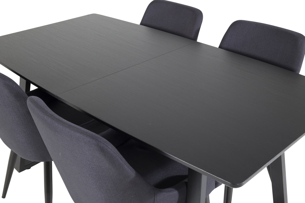 Schwarzes Esszimmerset aus MDF und Stahl: rechteckiger Esstisch 160x85 cm und zwei gepolsterte Stühle mit pulverbeschichtetem Stahlgestell.