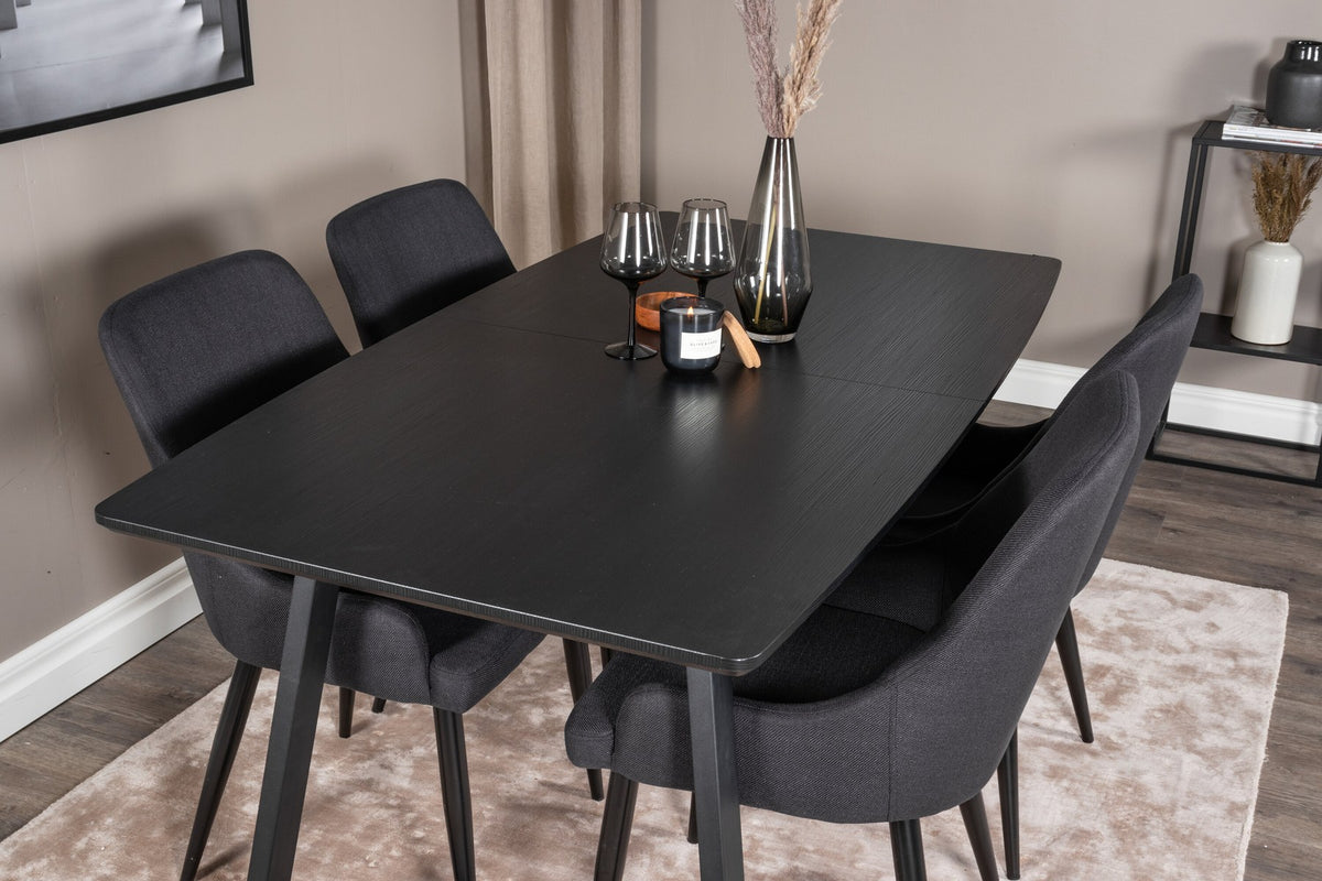 Schwarzes Esszimmerset aus MDF und Stahl: rechteckiger Esstisch 160x85 cm und zwei gepolsterte Stühle mit pulverbeschichtetem Stahlgestell.