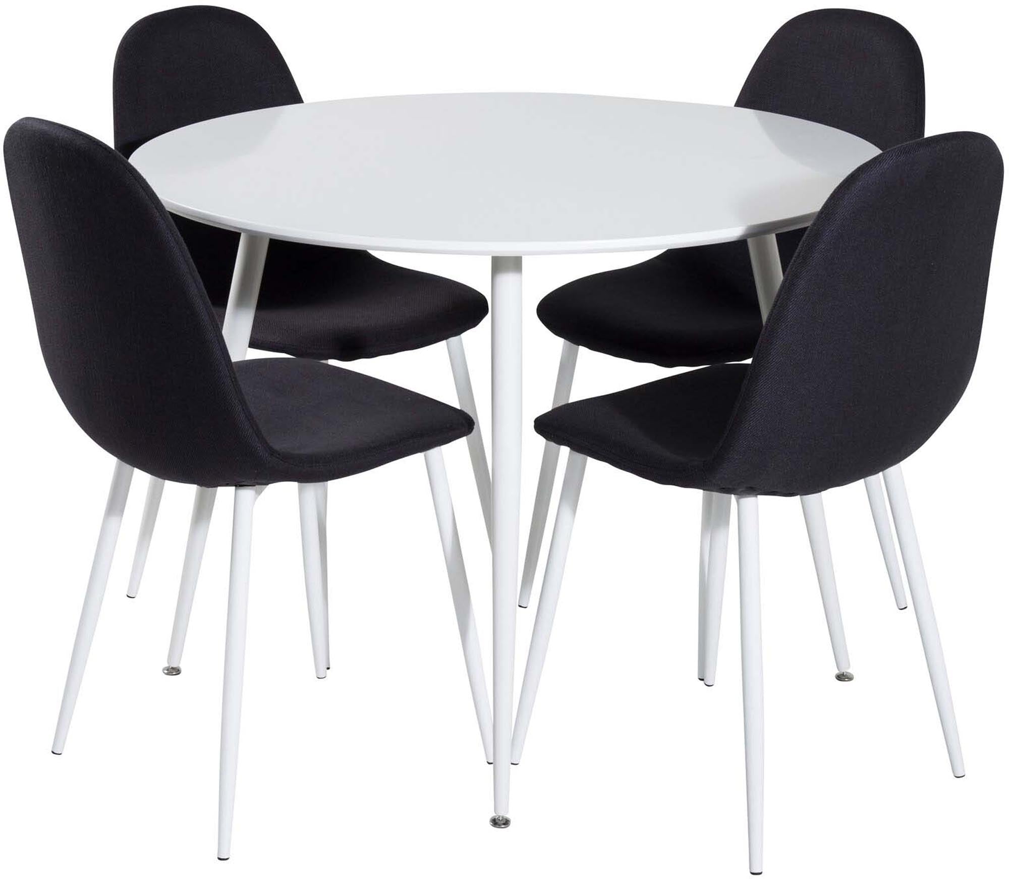 Entdecken Sie das elegante Plaza Esszimmerset von Venture Home: runder 100 cm Tisch und 4 luxuriöse Samtstühle für gesellige Momente.