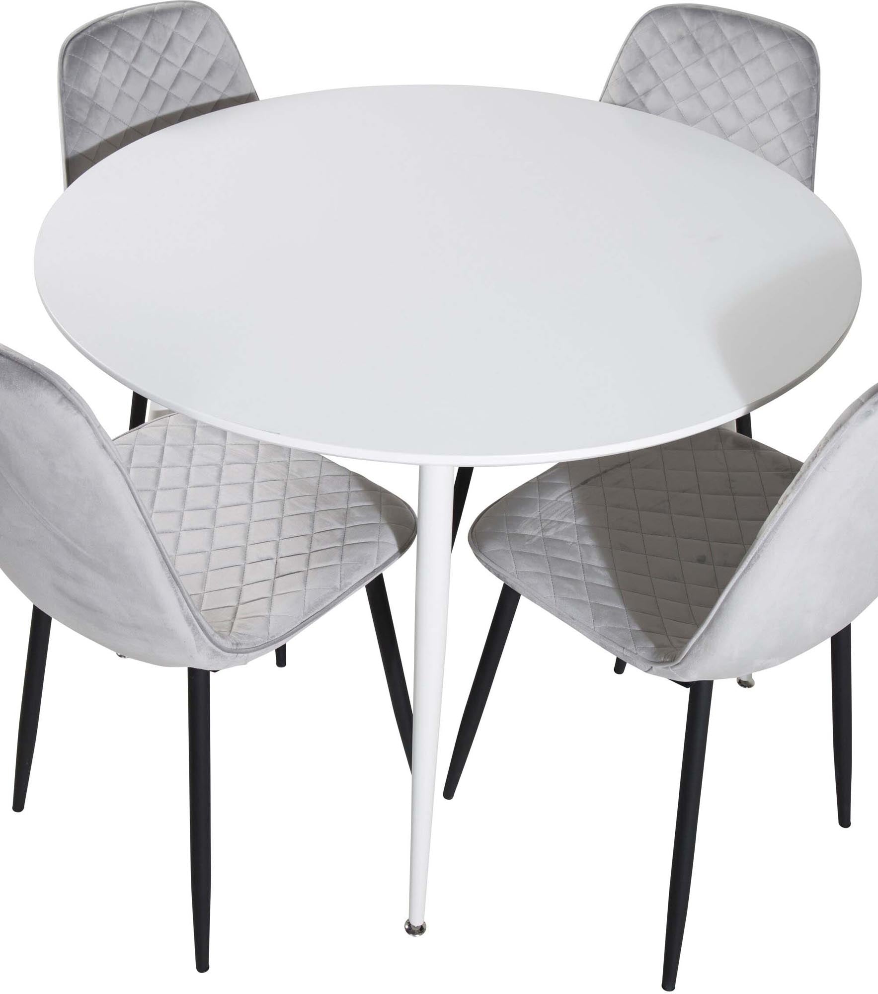 Entdecken Sie das elegante Plaza Esszimmerset von Venture Home: runder 100 cm Tisch und 4 luxuriöse Samtstühle für gesellige Momente.