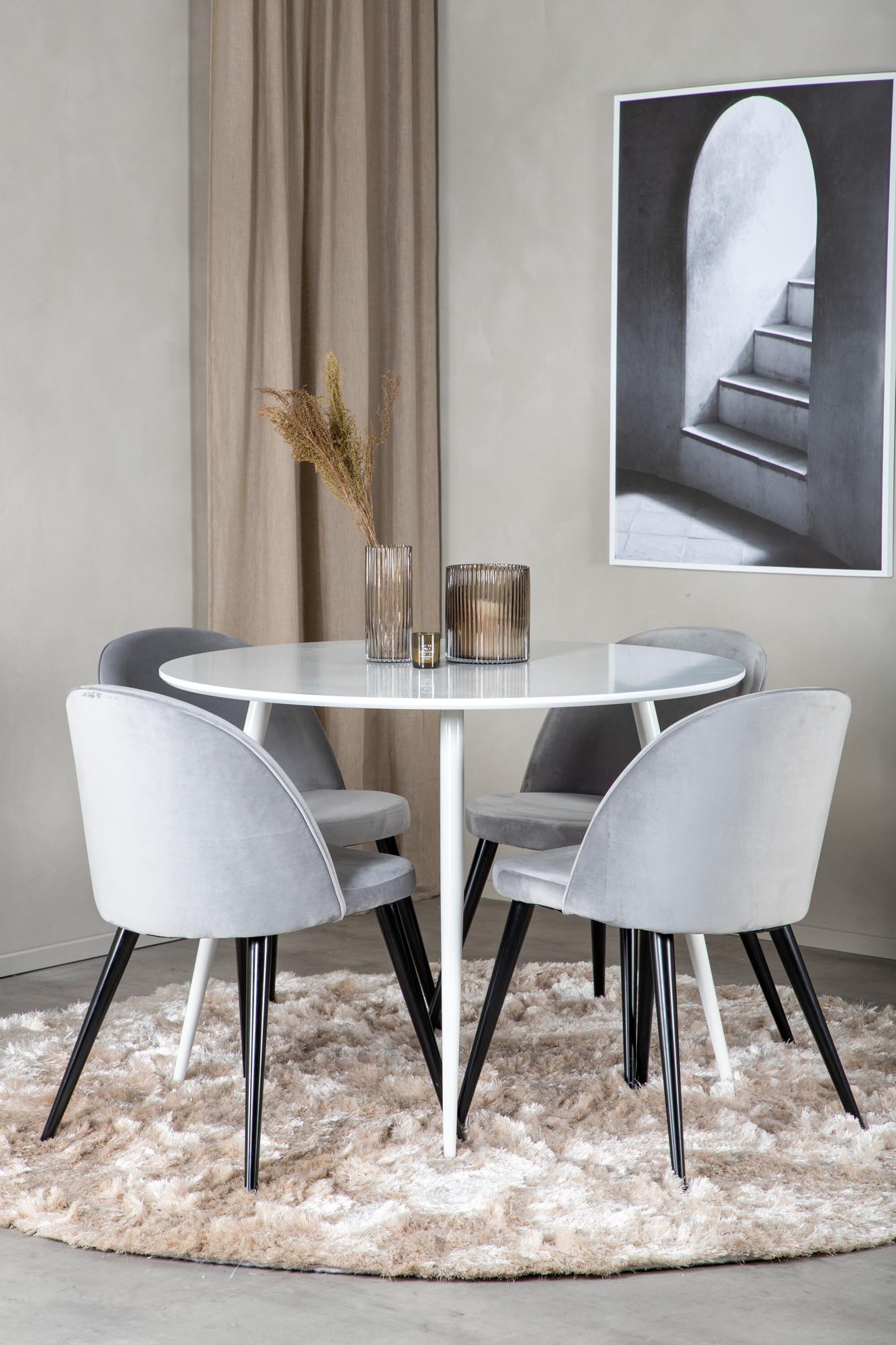 Plaza Esszimerset + Velvet ⌀100cm/4St. in Weiss / Grau / Schwarz präsentiert im Onlineshop von KAQTU Design AG. Esszimmerset ist von Venture Home