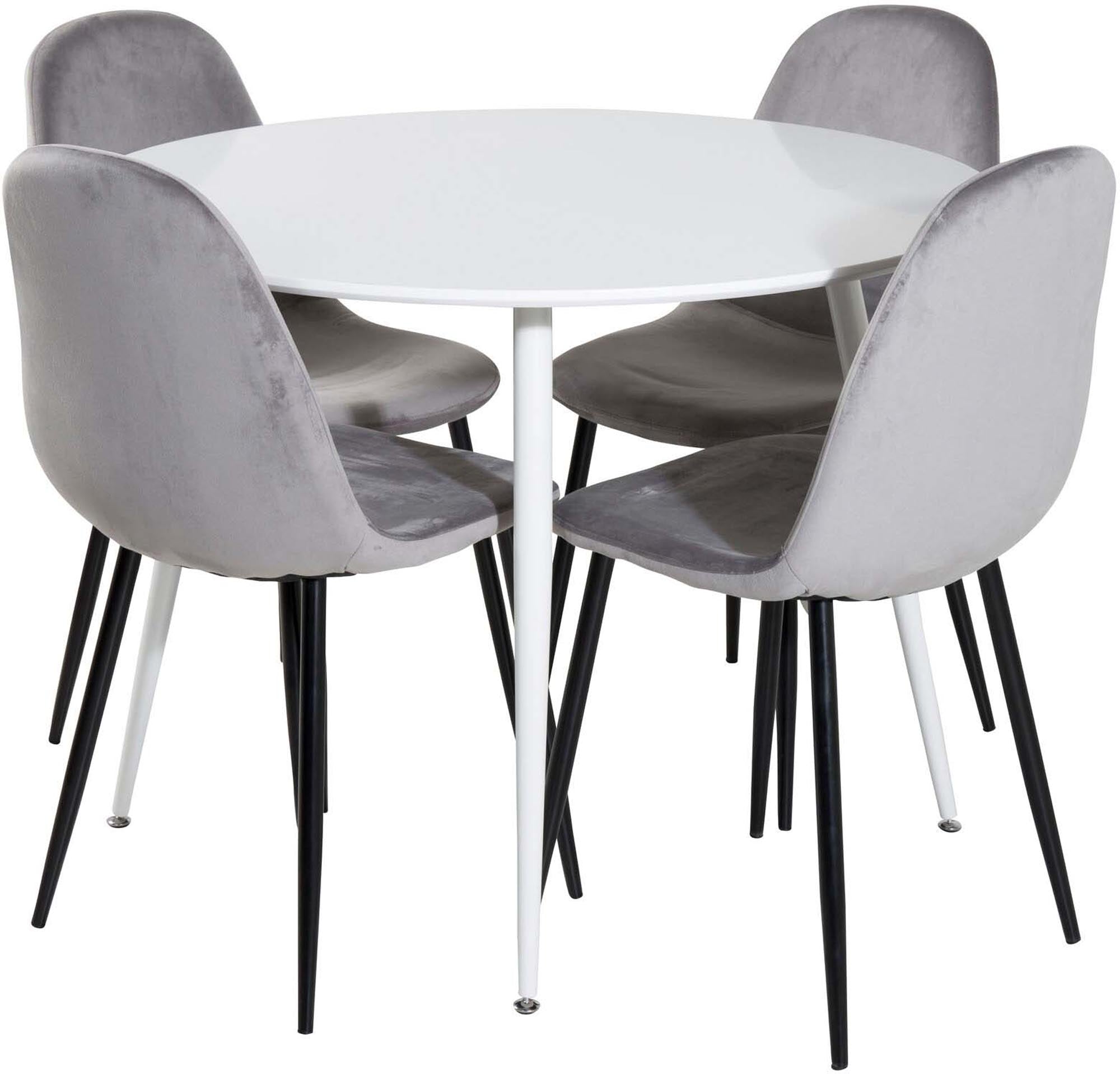 Genießen Sie stilvolle Essensrunden mit dem Plaza Esszimmerset von Venture Home: runder Tisch (100 cm) und 4 bequeme Samtstühle für Ihr Zuhause.