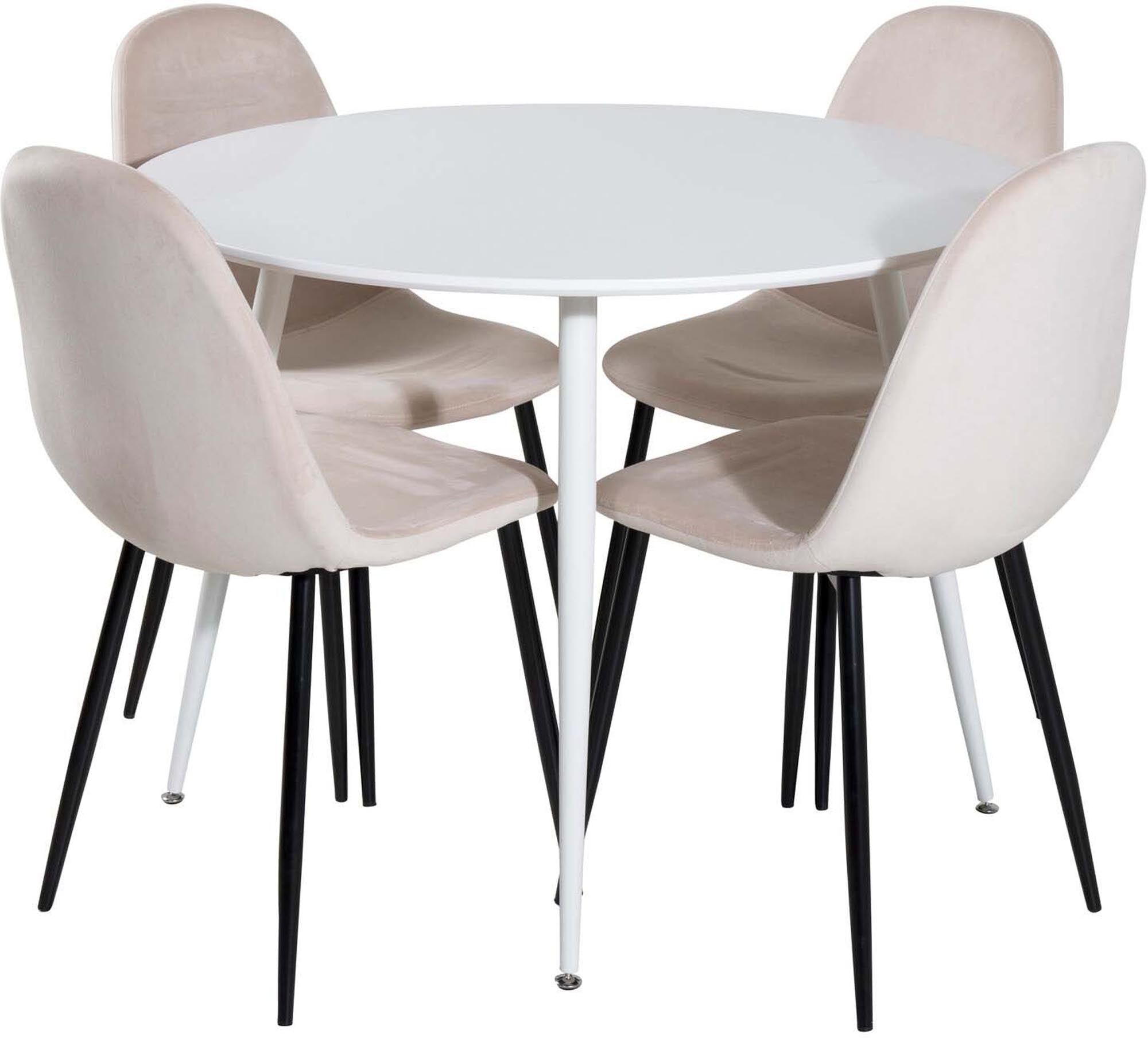 Stilvolles Plaza Esszimmerset mit rundem 100 cm Tisch und 4 eleganten Samtstühlen Polar für gemütliche Essrunden und luxuriöse Atmosphäre.