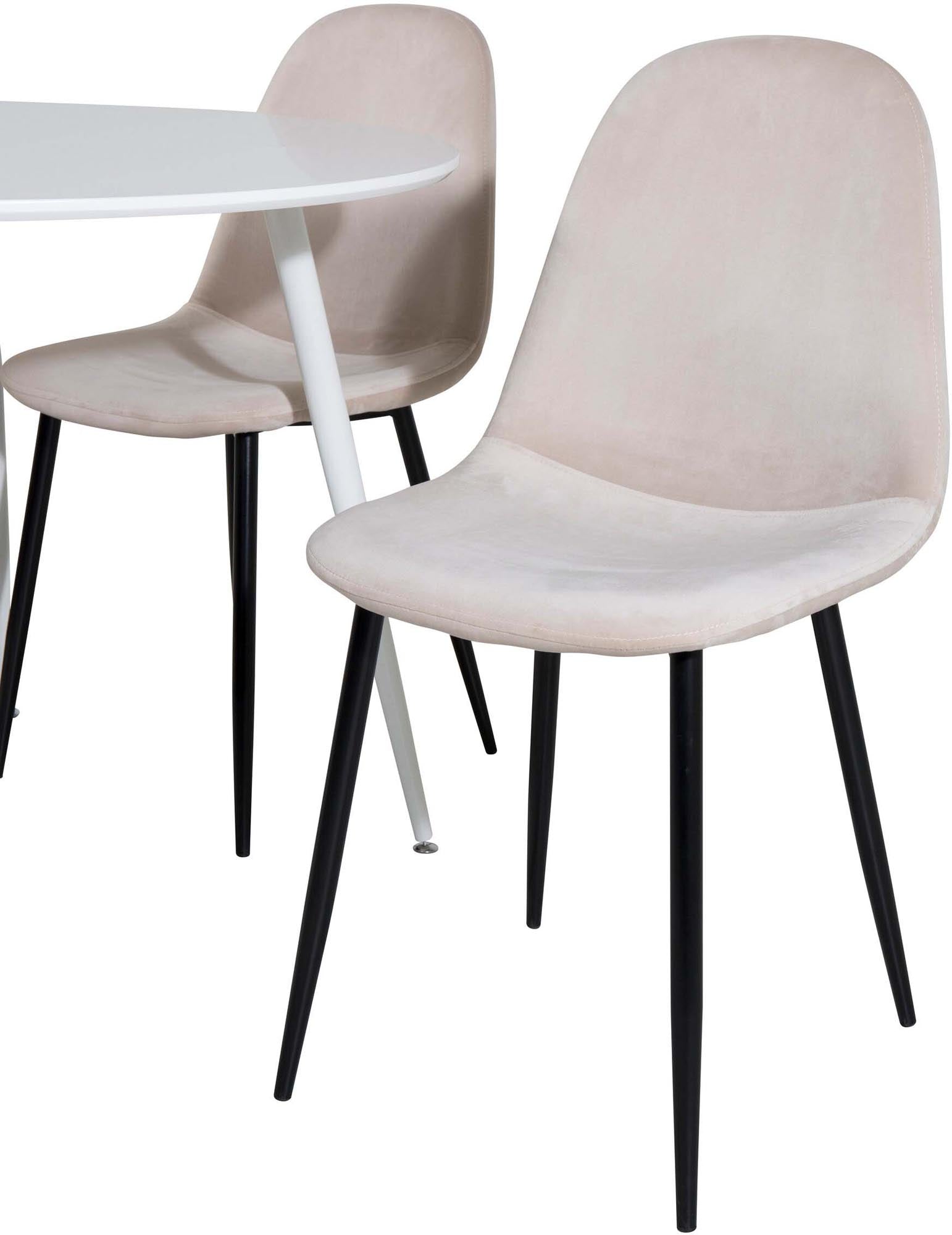 Entdecken Sie das Plaza Esszimmerset + Polar: Ein runder 100 cm Tisch und 4 stilvolle Samtstühle für gesellige Abende und ein elegantes Zuhause.