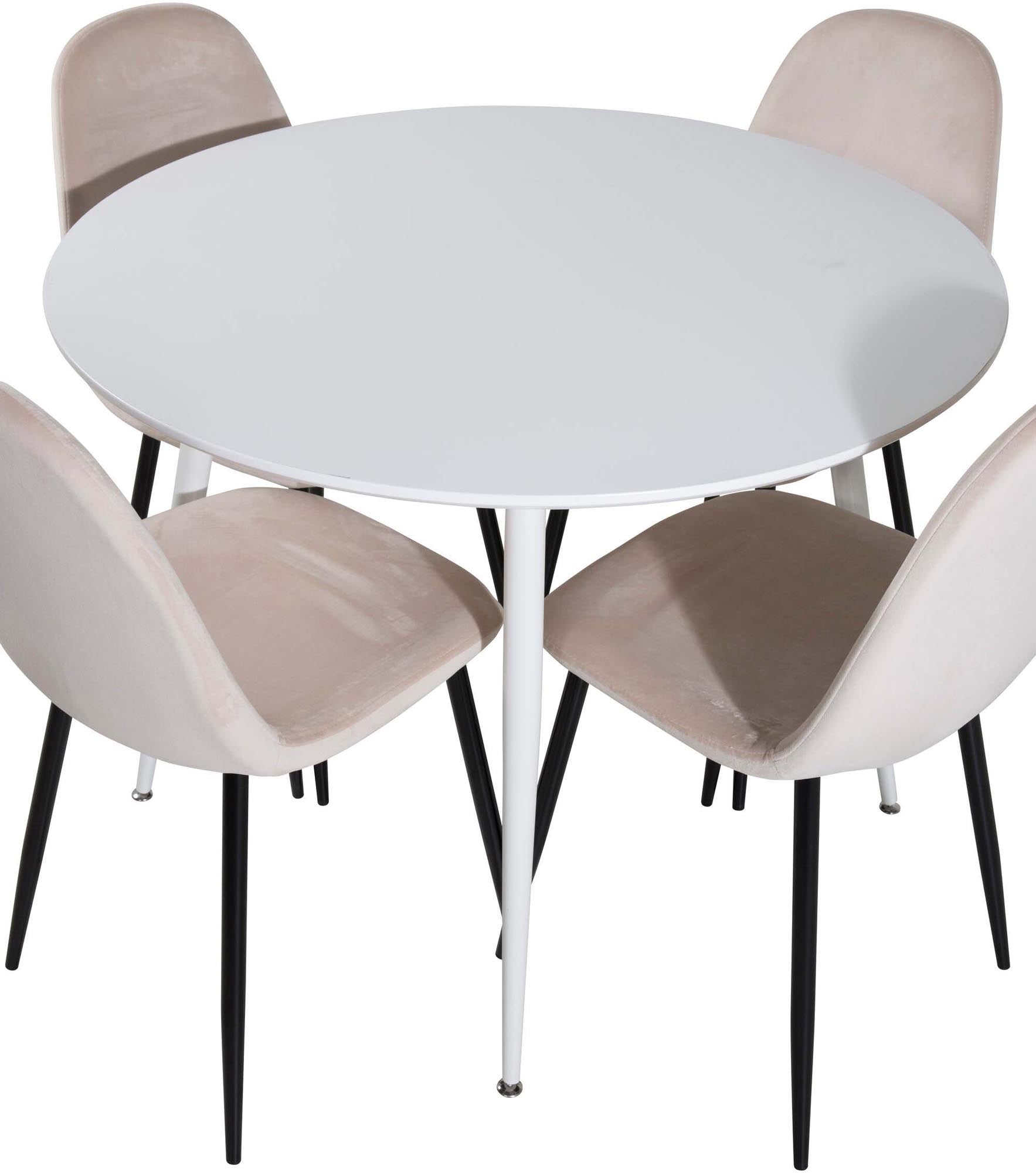 Erleben Sie das Plaza Esszimmerset + Polar: Ein eleganter runder Tisch mit 4 luxuriösen Samtstühlen, ideal für gesellige Runden und stilvolle Essbereiche.