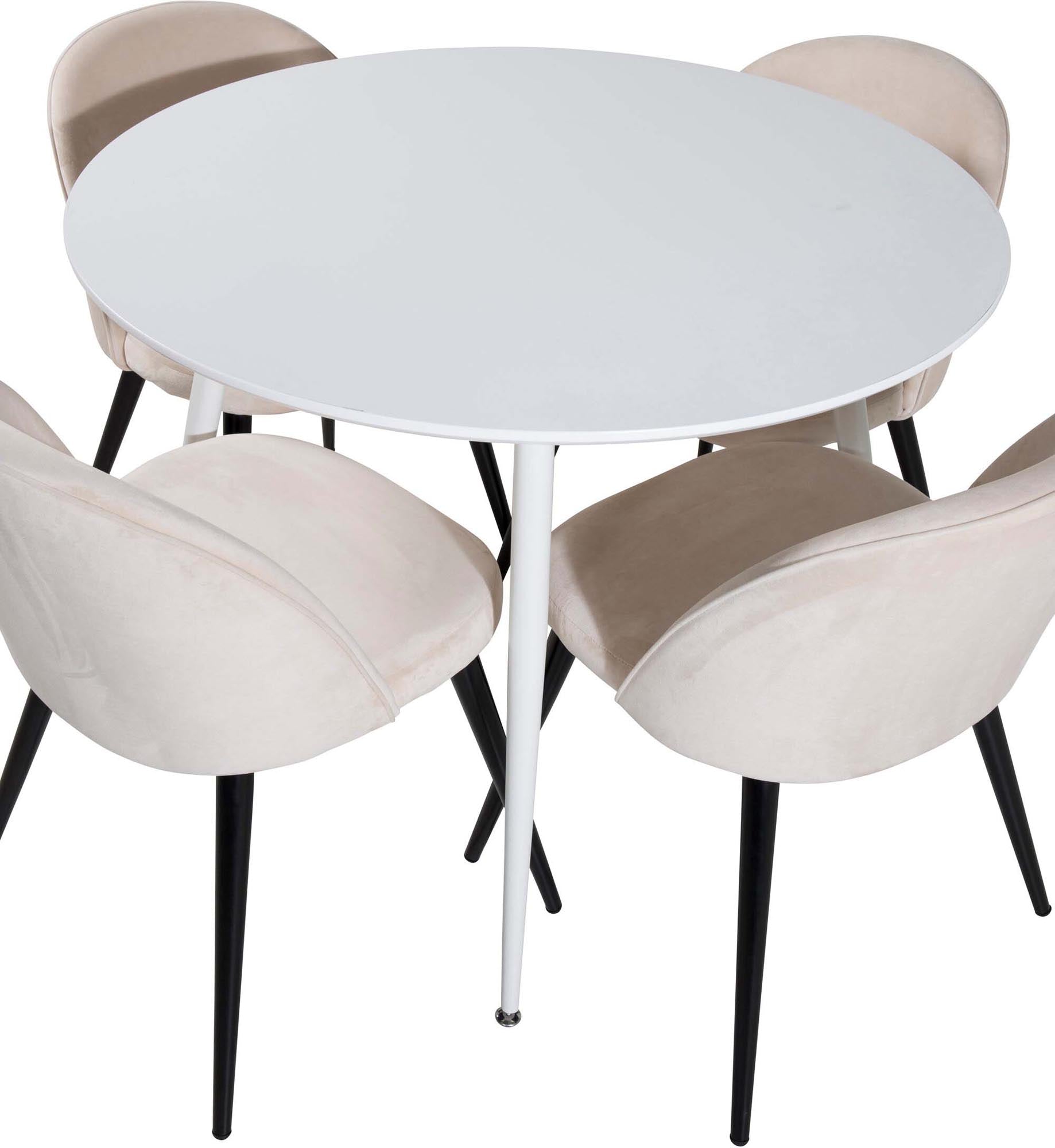 Stilvolles Plaza Esszimerset von Venture Home: Runder 100 cm Tisch mit 4 luxuriösen Samt-Stühlen für gemütliche Esszimmer-Momente und elegantes Ambiente.