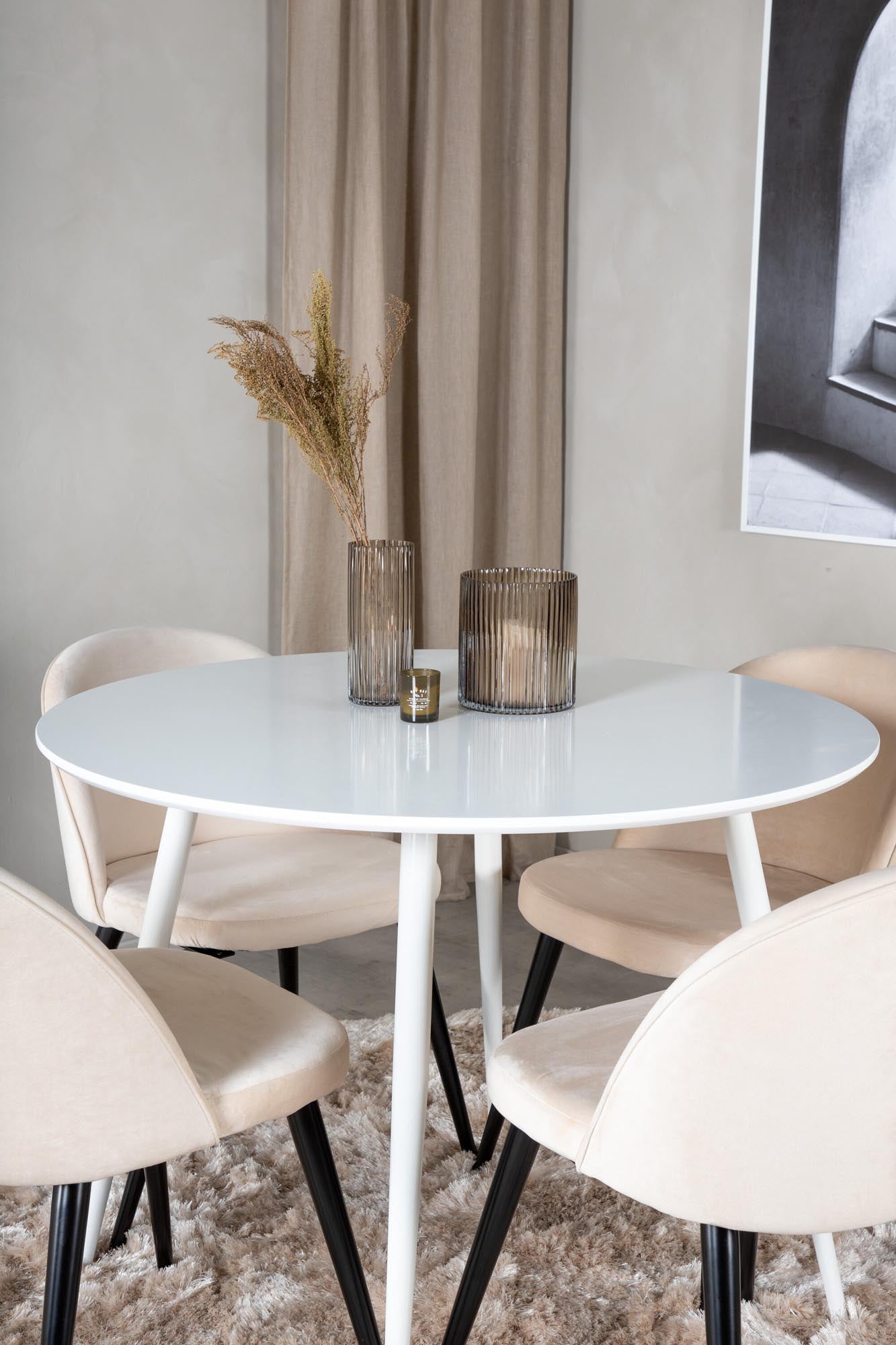 Stilvolles Plaza Esszimerset von Venture Home: Runder 100 cm Tisch mit 4 luxuriösen Samt-Stühlen für unvergessliche Esszimmer-Erlebnisse.