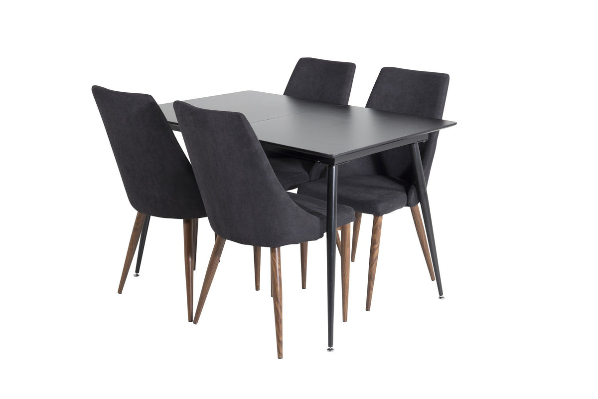 Rechteckiger schwarzer Esstisch aus MDF und Stahl mit zwei gepolsterten Stühlen mit Walnussbeinen und schwarzem Stoffbezug im Esszimmerset.